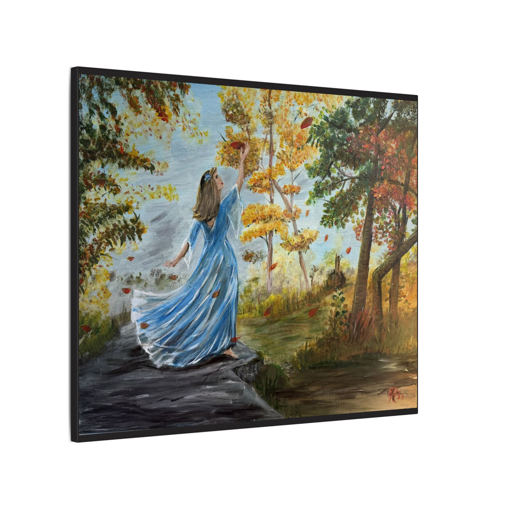 Autumn Breeze Matte Canvas Art Print – Woman in Blue Dress Fall Landscape