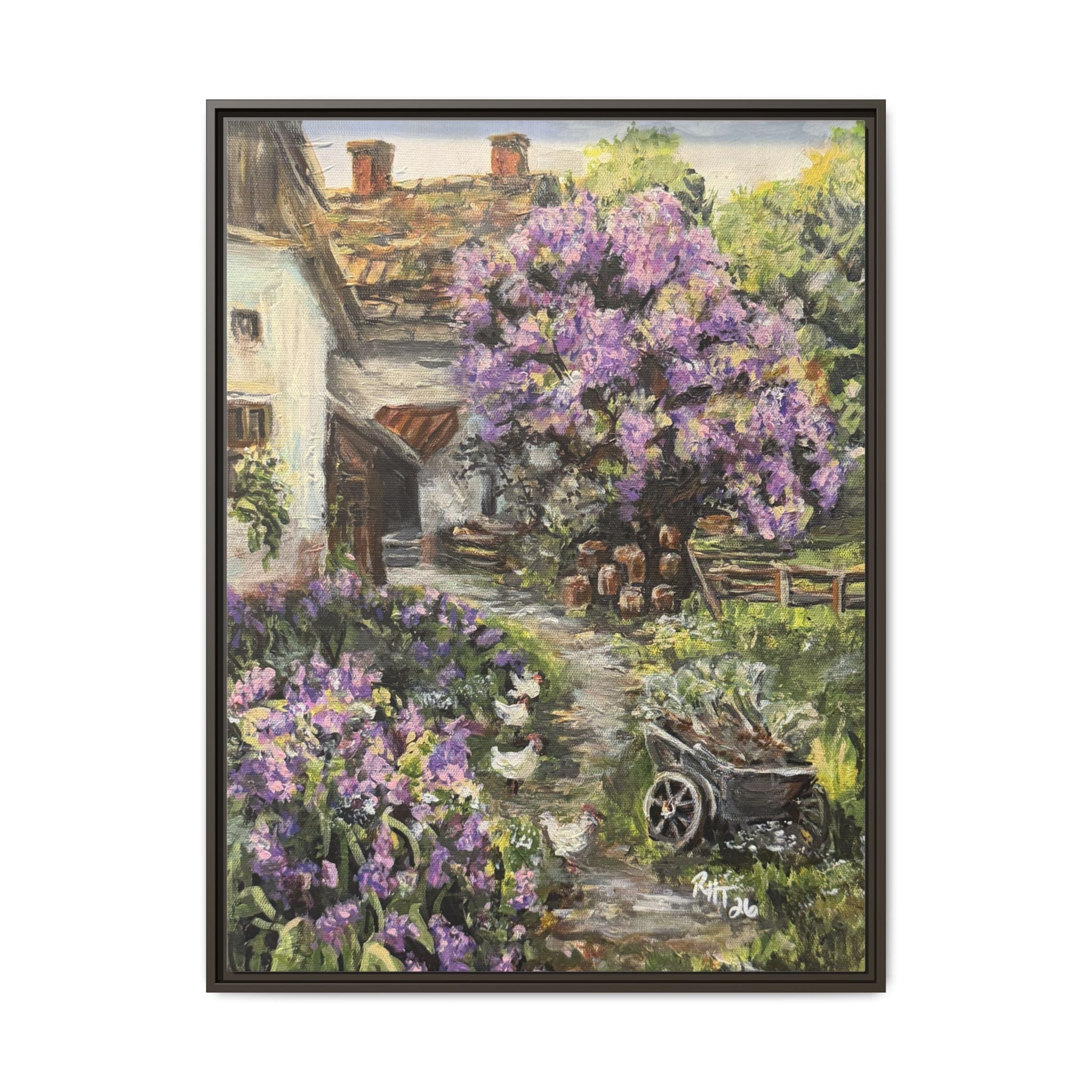 Framed Matte Canvas Print of Original Lavender Cottage— Cottage Garden with Purple Wisteria Wall Art