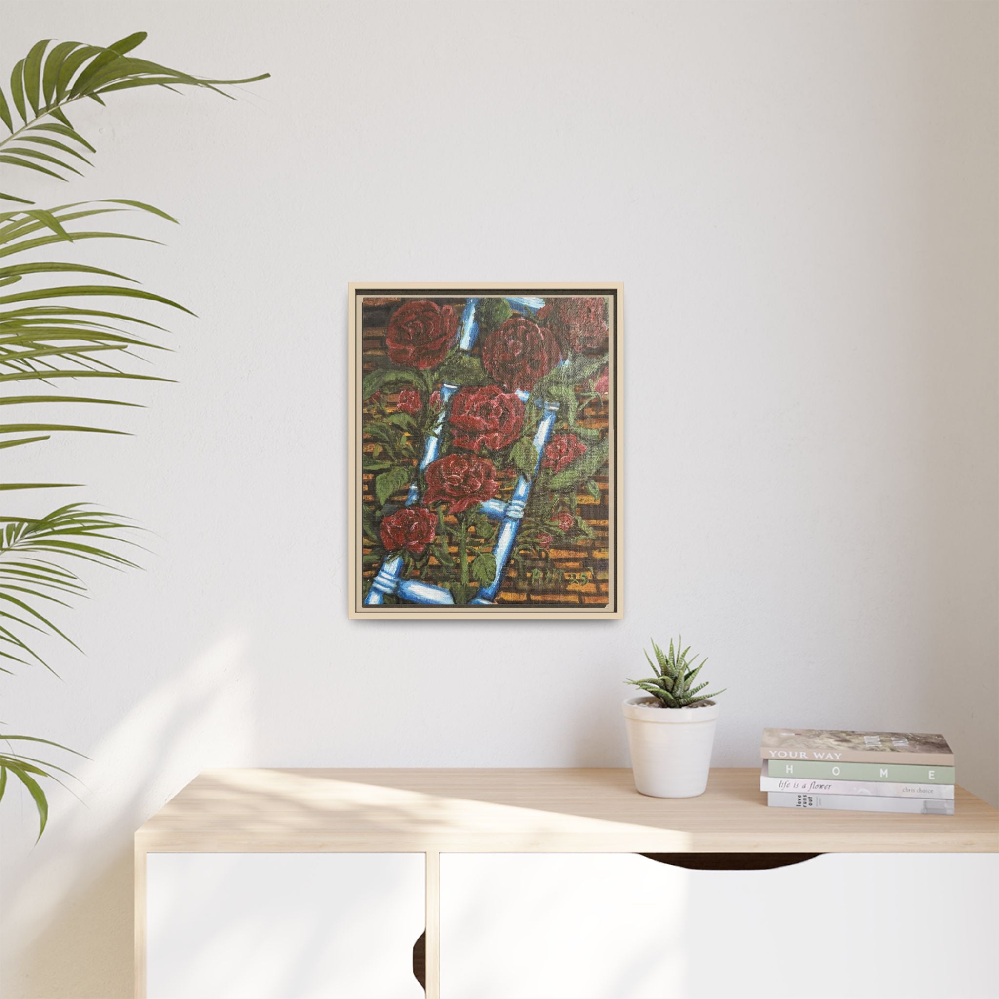 Framed Matte Canvas Art Print of Original Climbing Roses — Red Roses & Blue Ladder Floral Painting