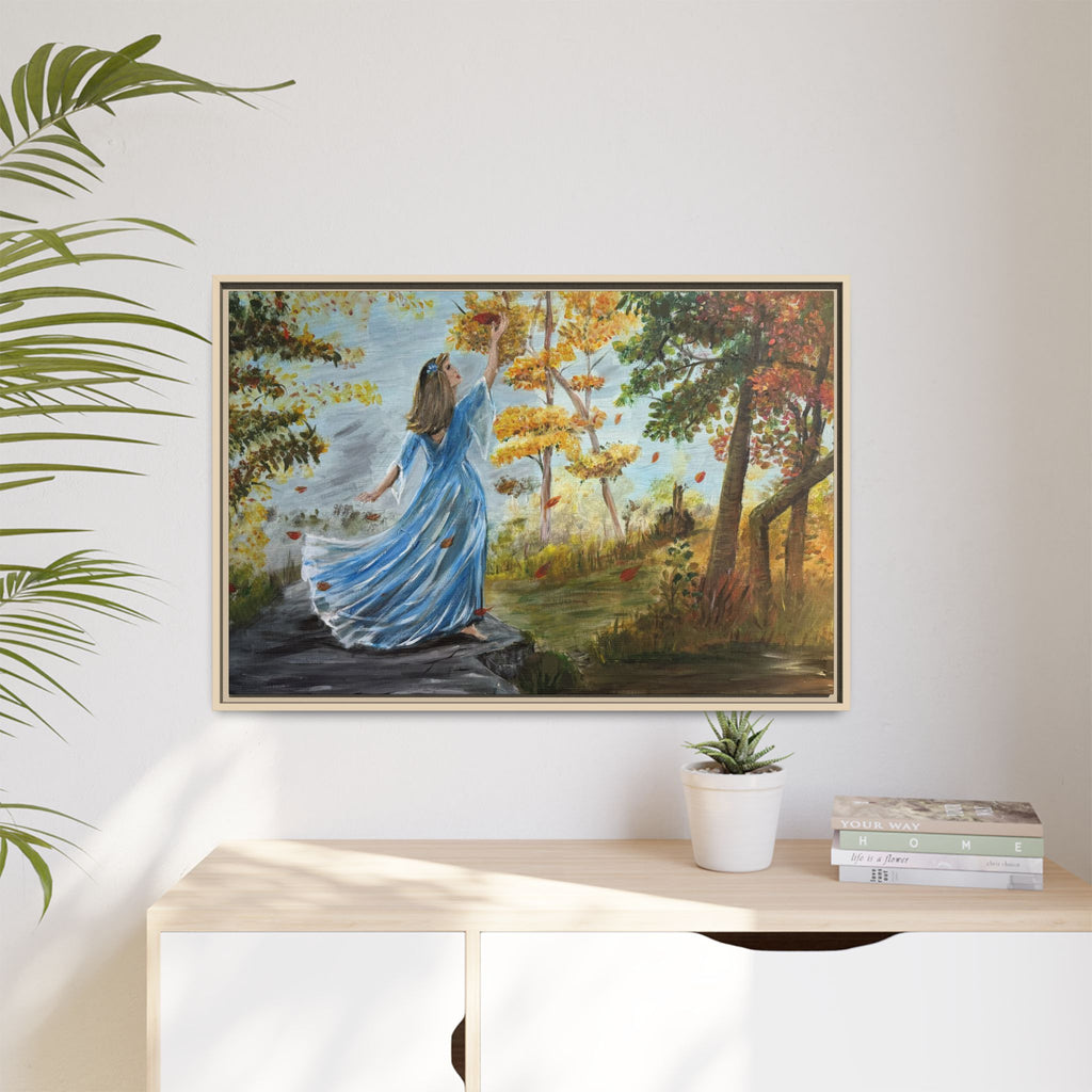 Autumn Breeze Canvas Print — Woman in Blue Dress Framed Wall Art