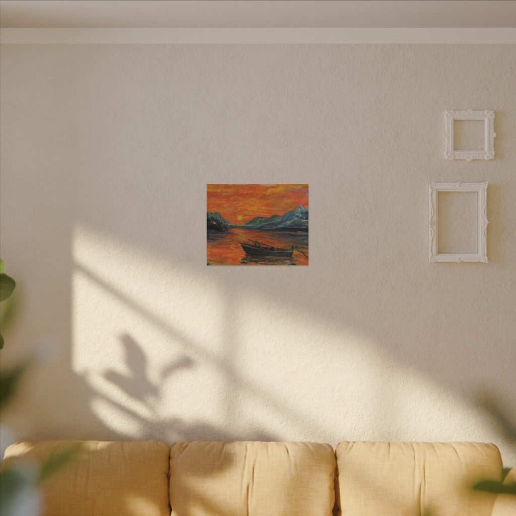 Boat on Sunset Lake Canvas Wall Art Print of Original— Orange Seascape Landscape Print