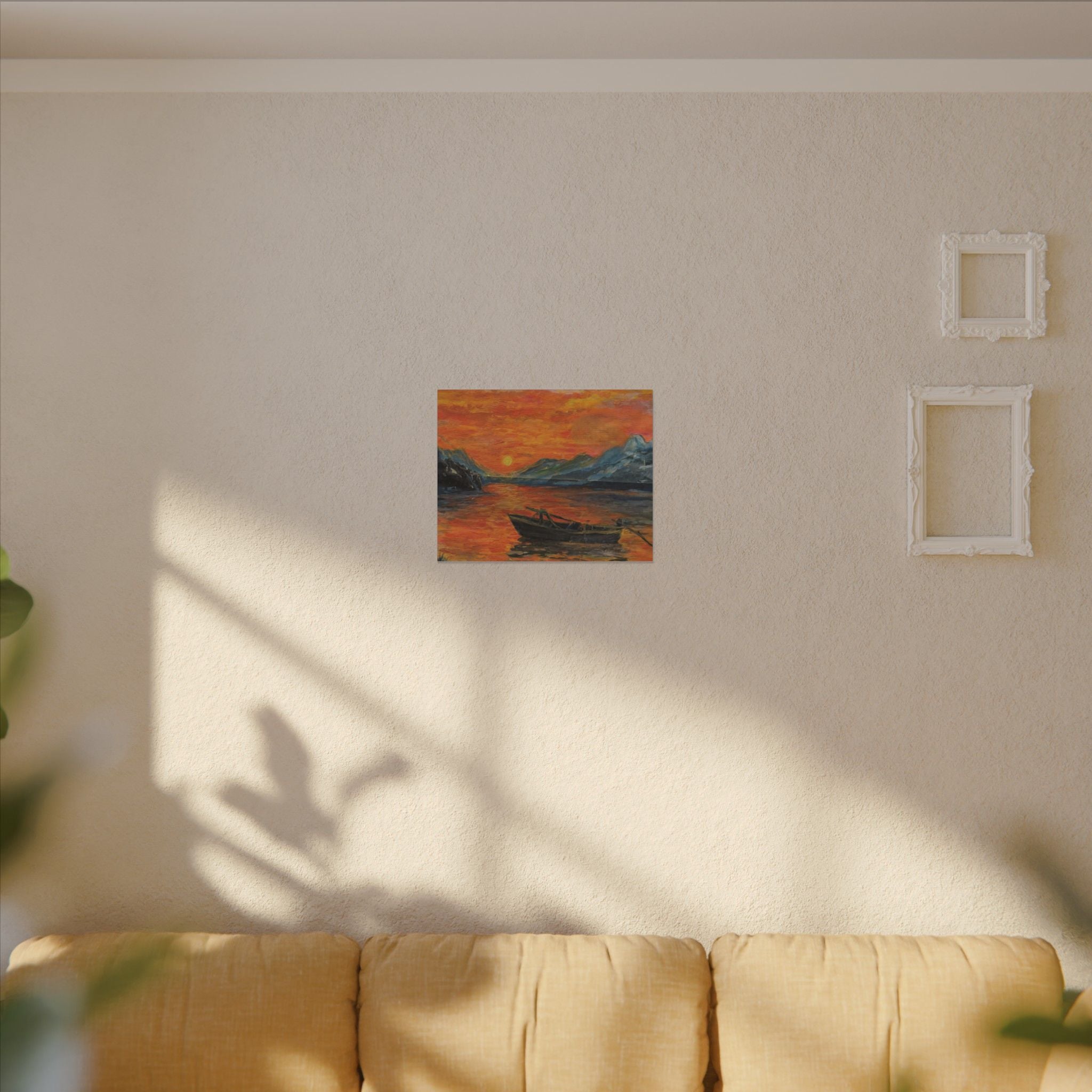 Boat on Sunset Lake Canvas Wall Art Print of Original— Orange Seascape Landscape Print