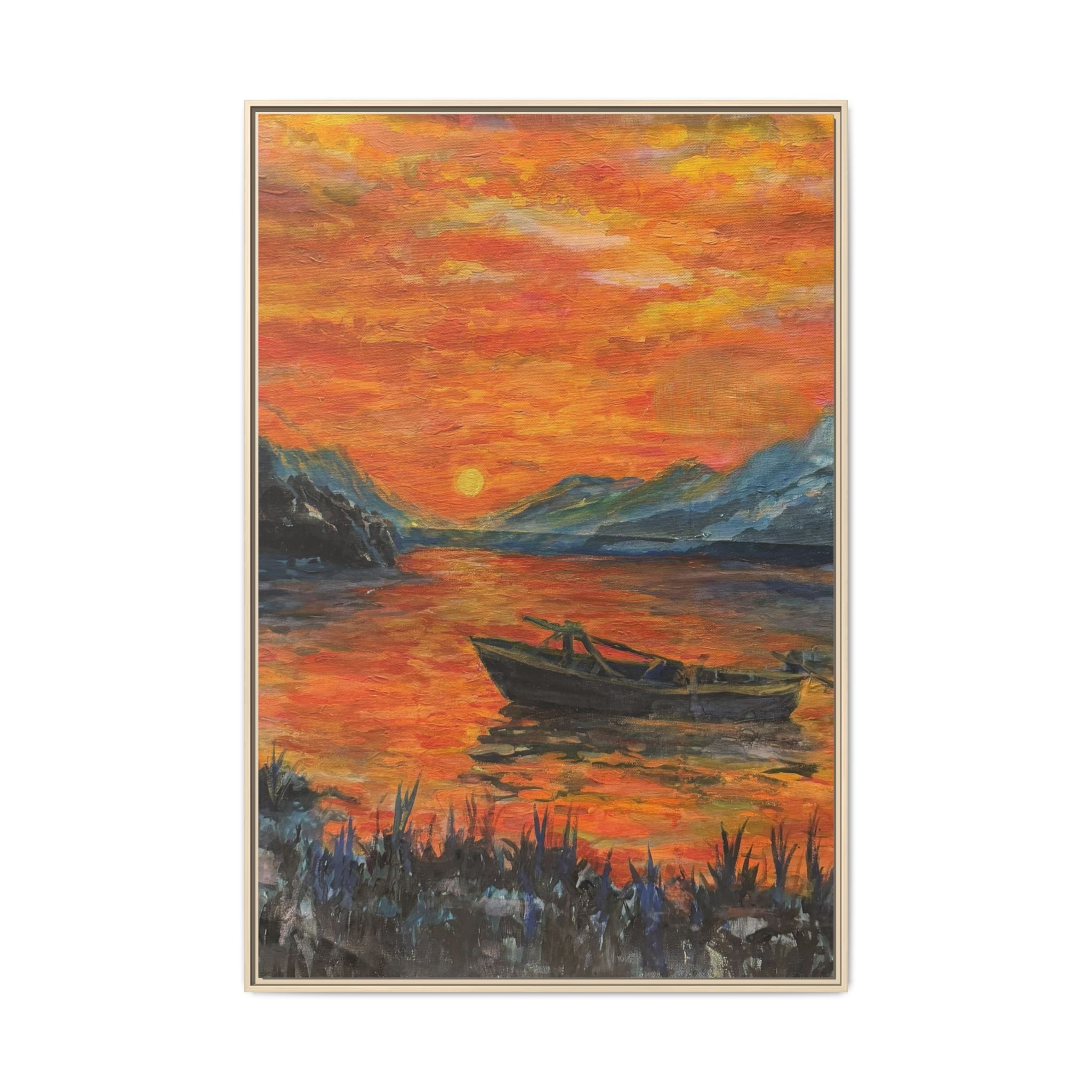 Boat on Sunset Lake Framed Canvas Print of Original — Orange Mountain Lake Wall Art