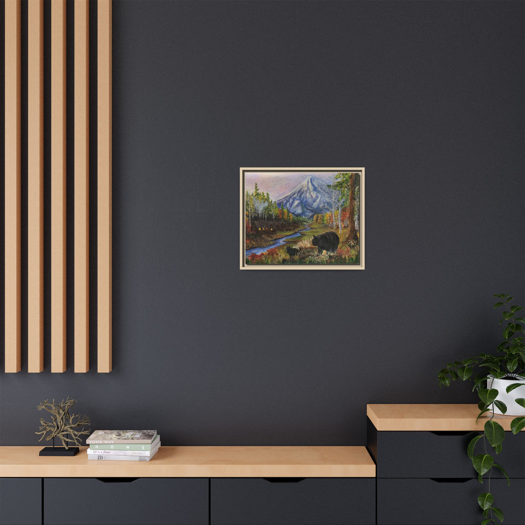 Framed Matte Canvas - Three Bear Stroll  - Mountain Stream with Bears Landscape Wall Art