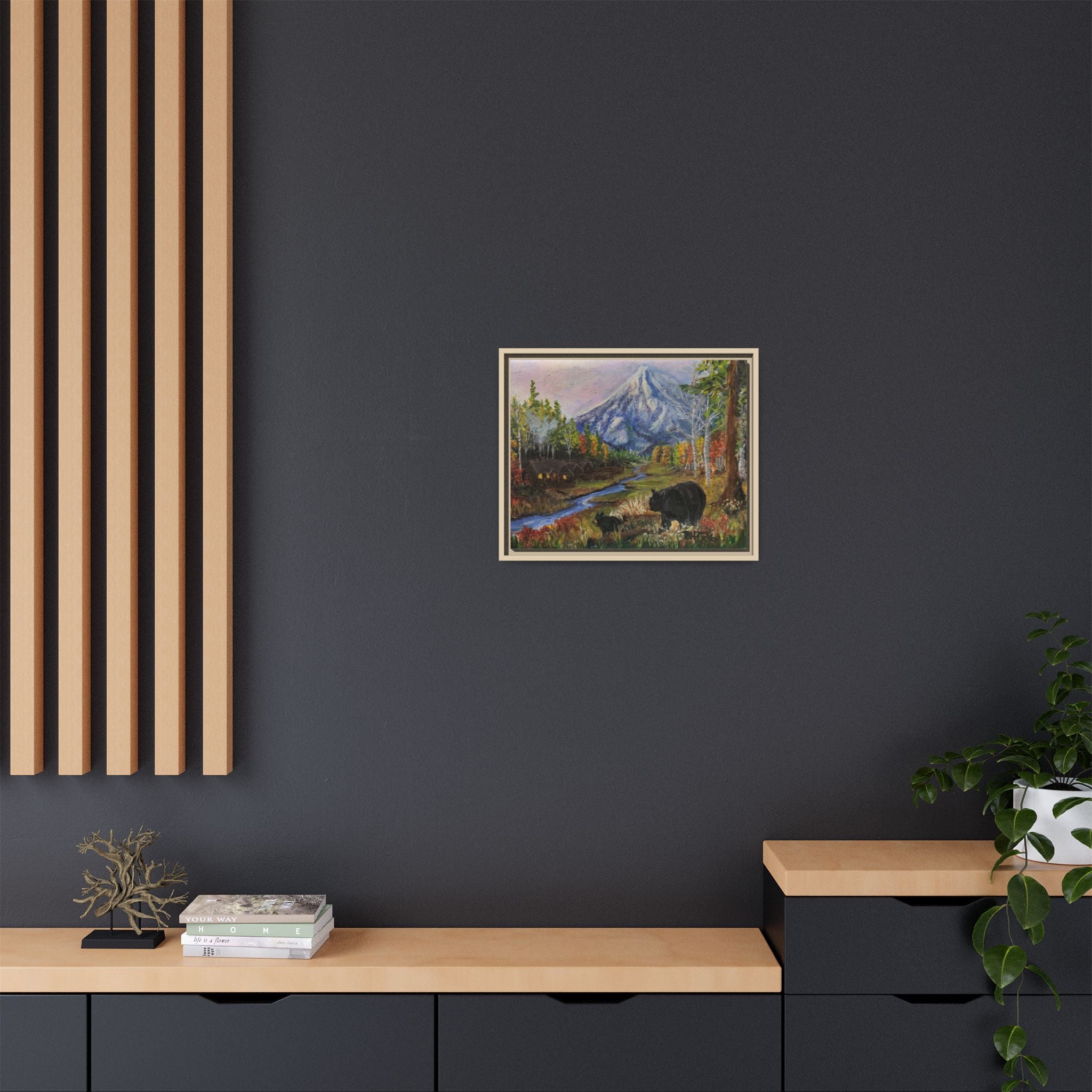 Framed Matte Canvas - Three Bear Stroll  - Mountain Stream with Bears Landscape Wall Art