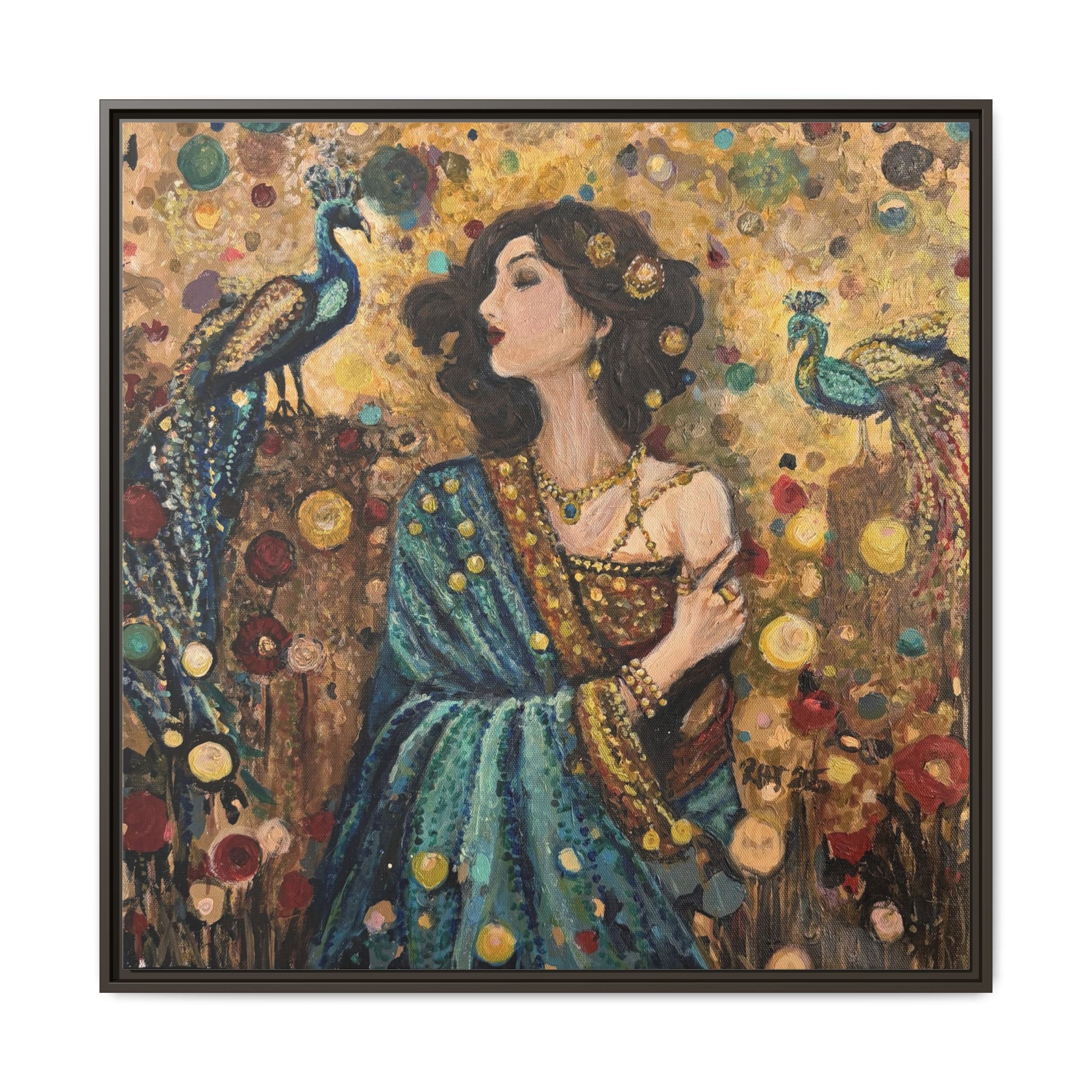 Gilded Peacock Muse Framed Canvas Art Print of Original— Bohemian Floral Decorative Print
