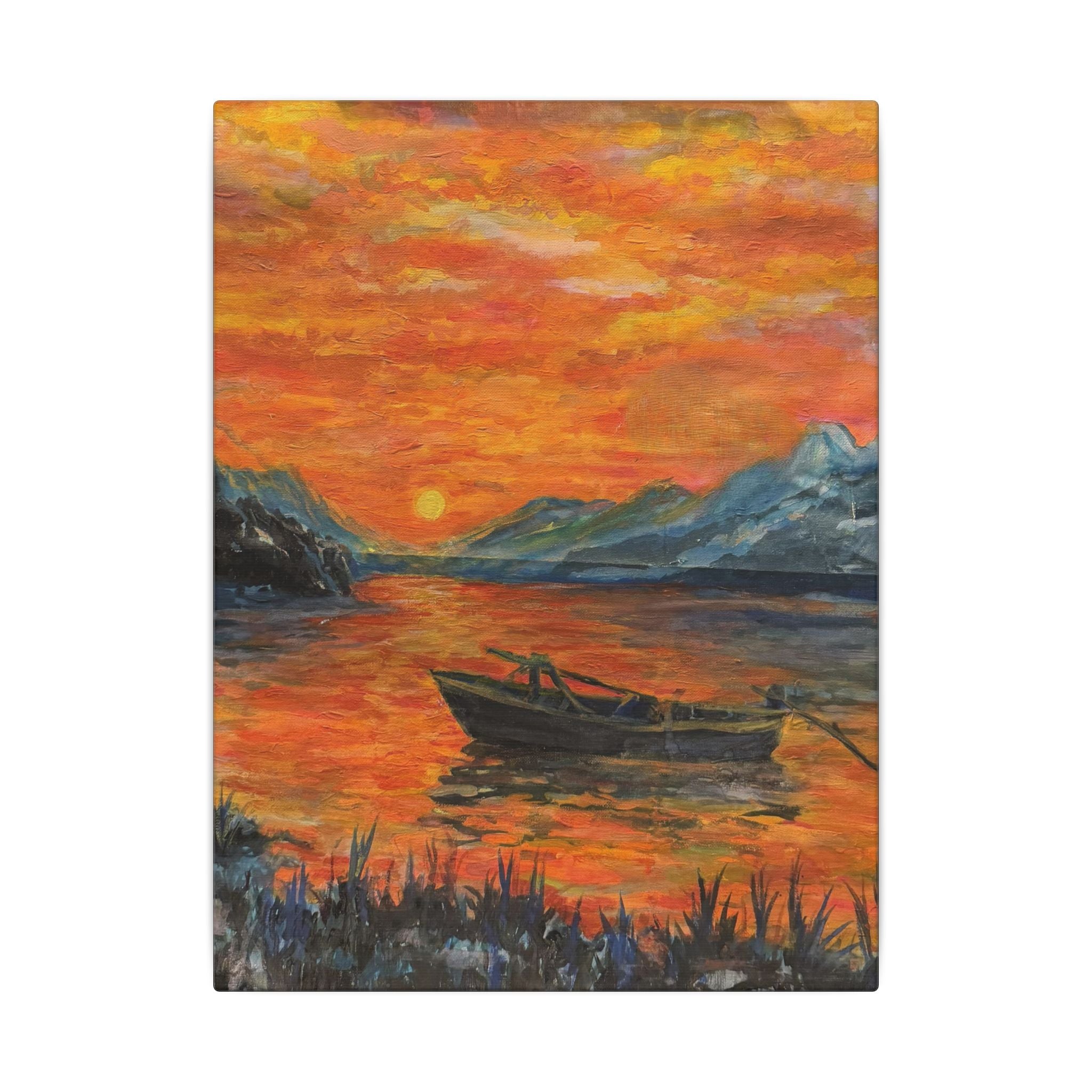 Boat on Sunset Lake Canvas Wall Art Print of Original— Orange Seascape Landscape Print