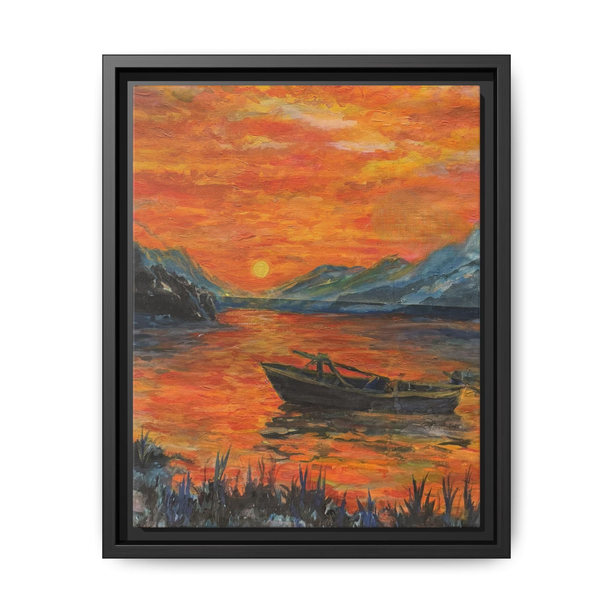 Boat on Sunset Lake Framed Canvas Print of Original — Orange Mountain Lake Wall Art