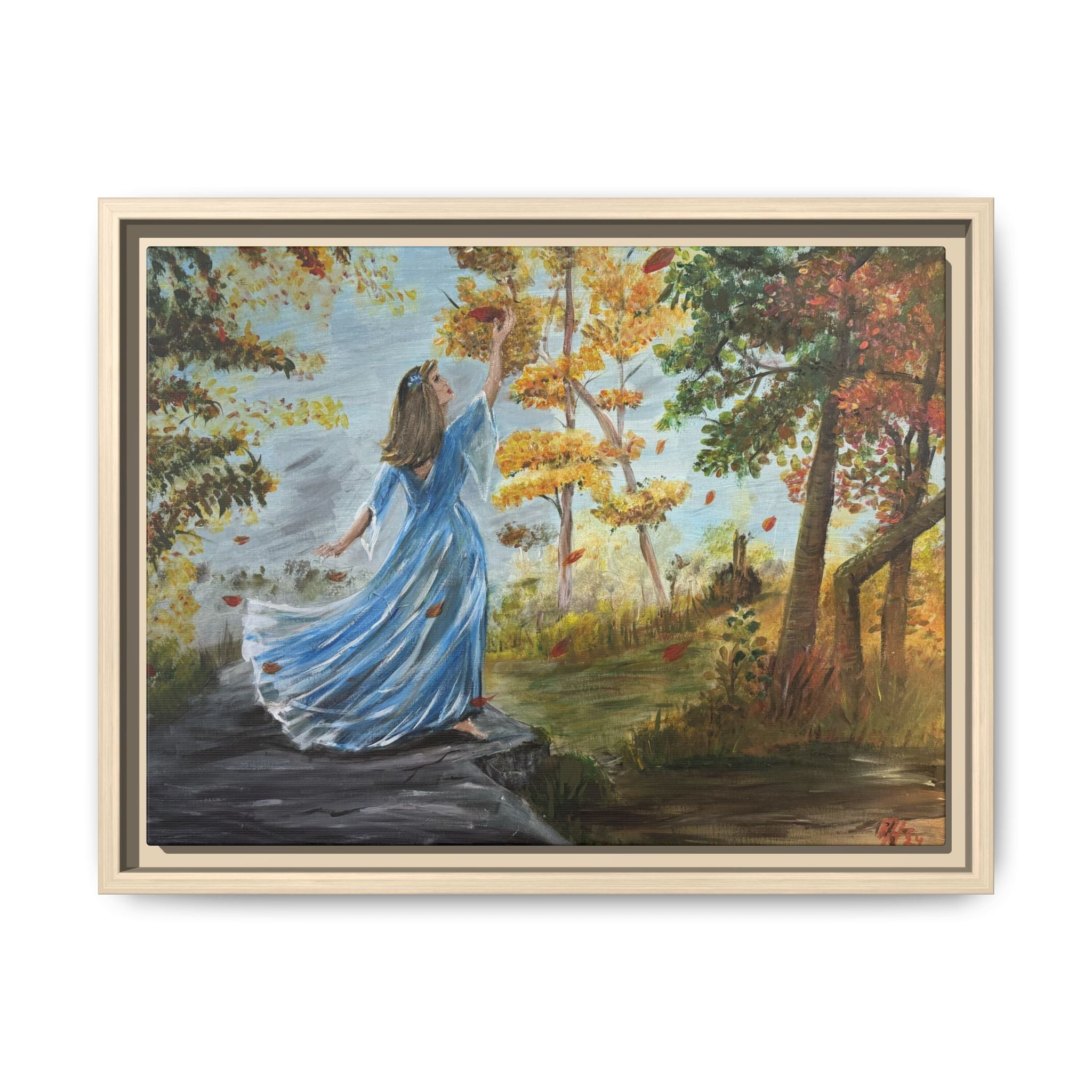 Autumn Breeze Canvas Print — Woman in Blue Dress Framed Wall Art