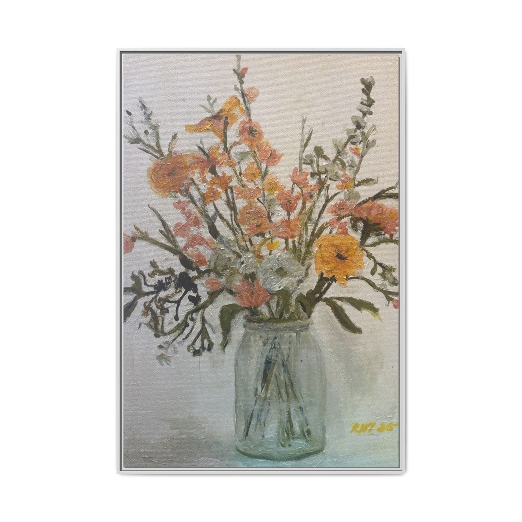 Framed Matte Canvas Art - Flower in Glass Jar Floral Painting Print of Original