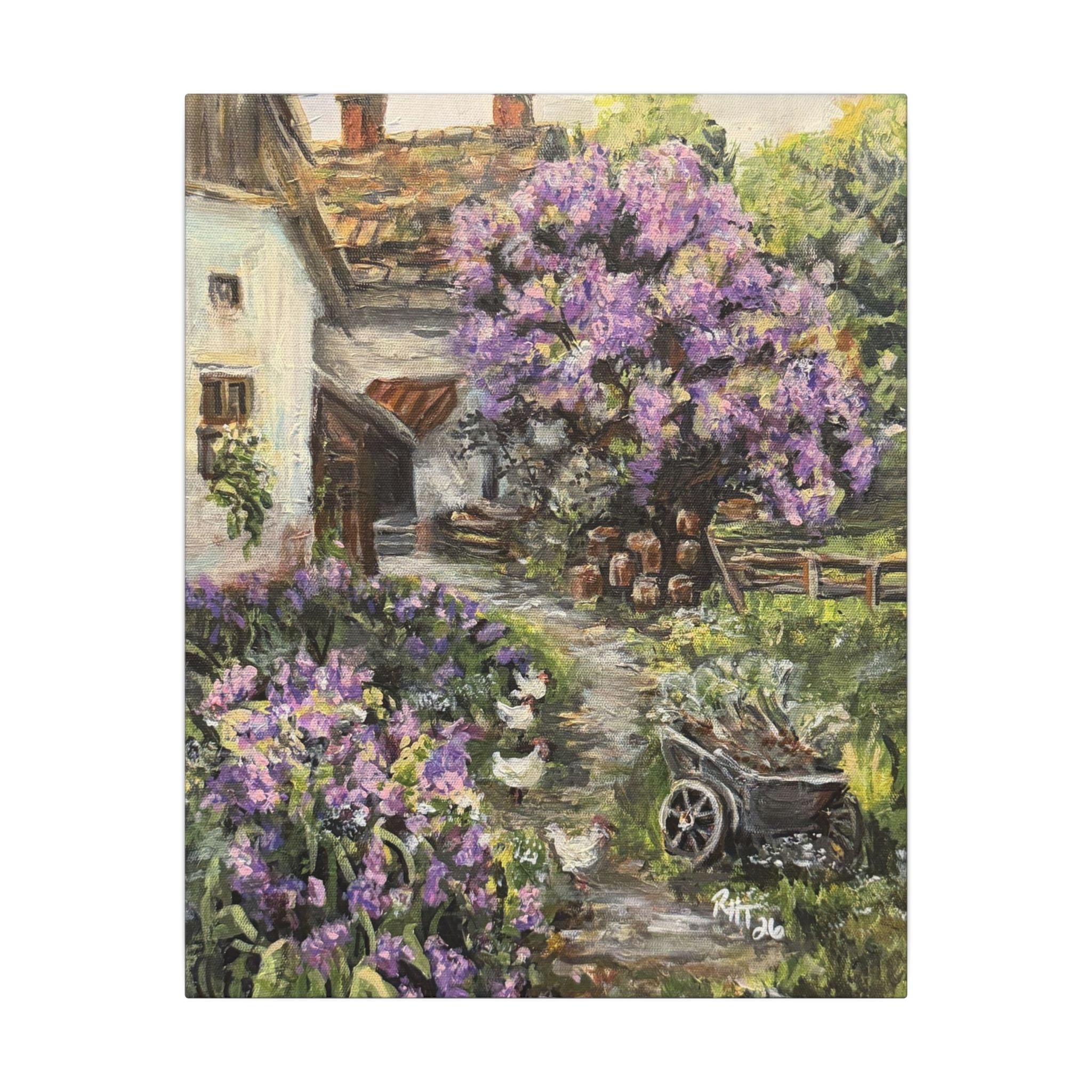 Lavender Cottage Canvas Print — Rustic Spring Garden Wall Art (Matte Stretched)