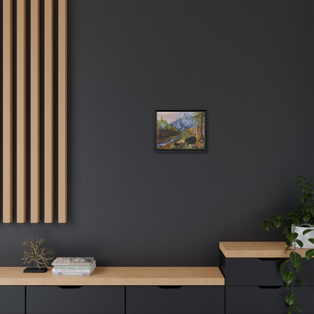 Framed Matte Canvas - Three Bear Stroll  - Mountain Stream with Bears Landscape Wall Art