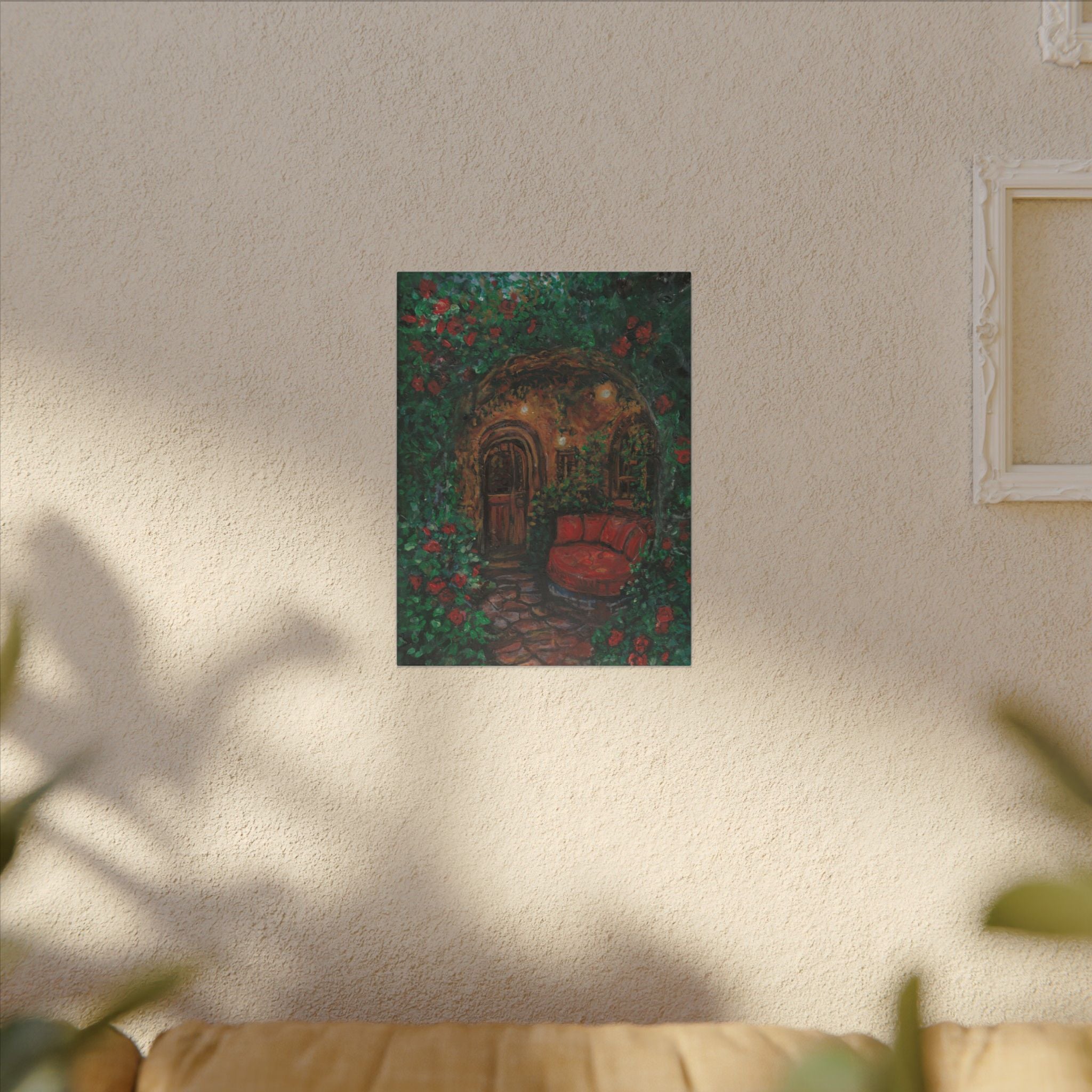 Hidden Entrance Canvas Art - Cozy Red Chair Doorway Painting Print of Original