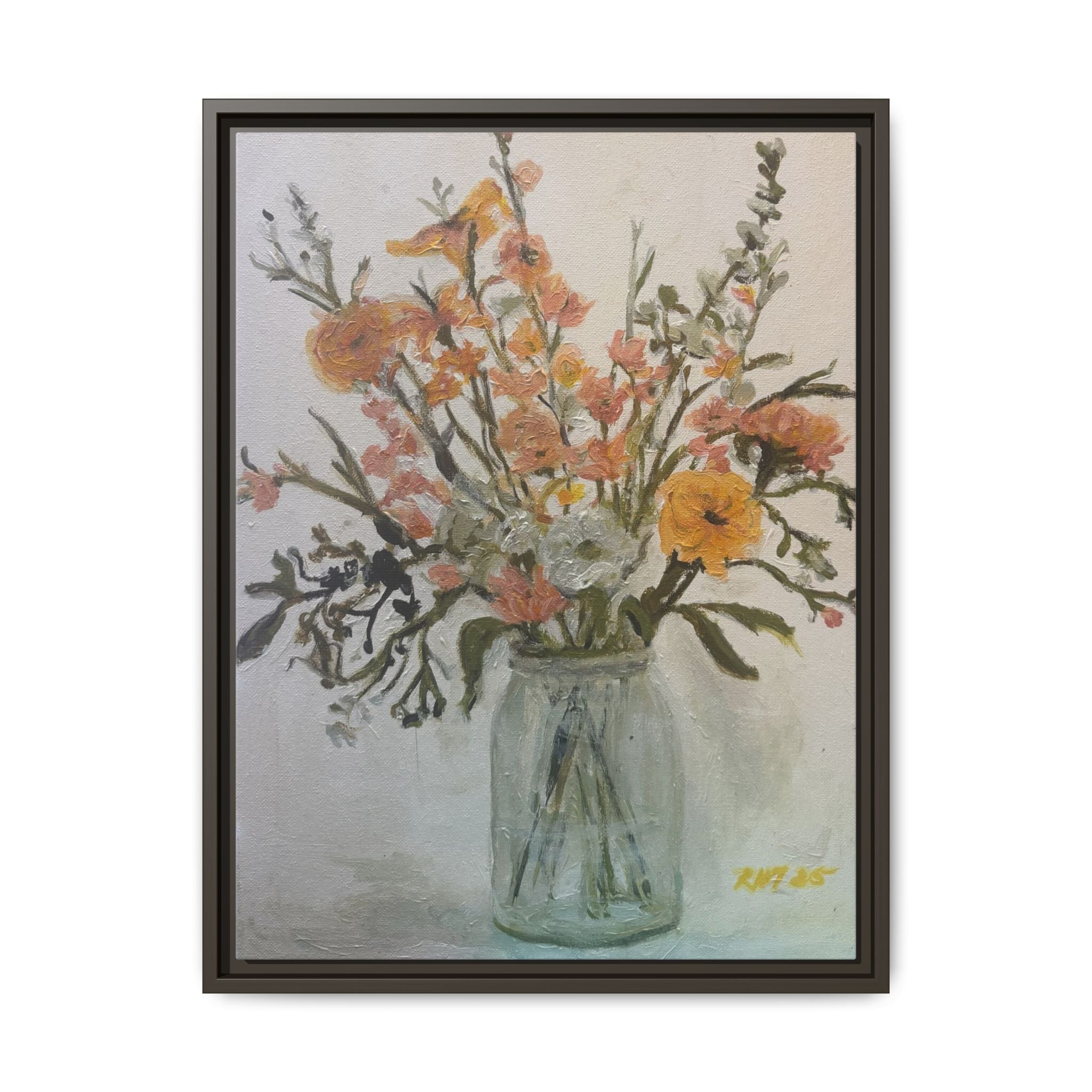 Framed Matte Canvas Art - Flower in Glass Jar Floral Painting Print of Original