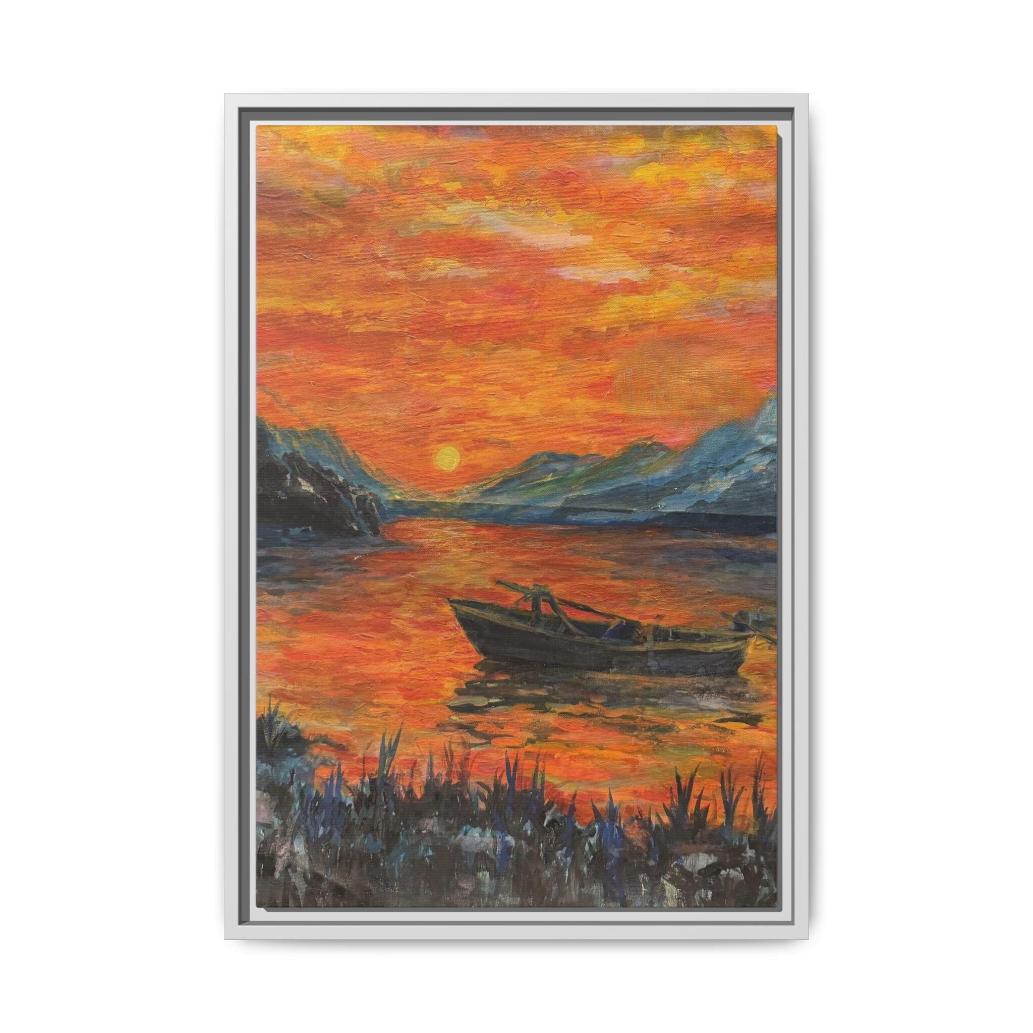 Boat on Sunset Lake Framed Canvas Print of Original — Orange Mountain Lake Wall Art