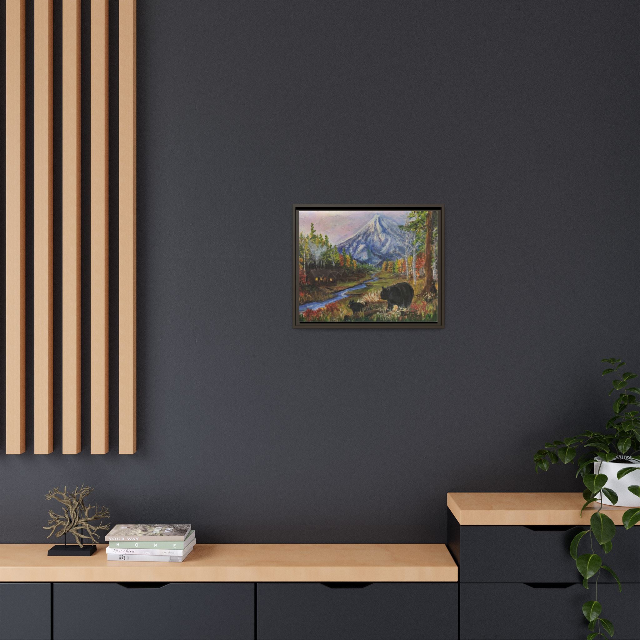 Framed Matte Canvas - Three Bear Stroll  - Mountain Stream with Bears Landscape Wall Art