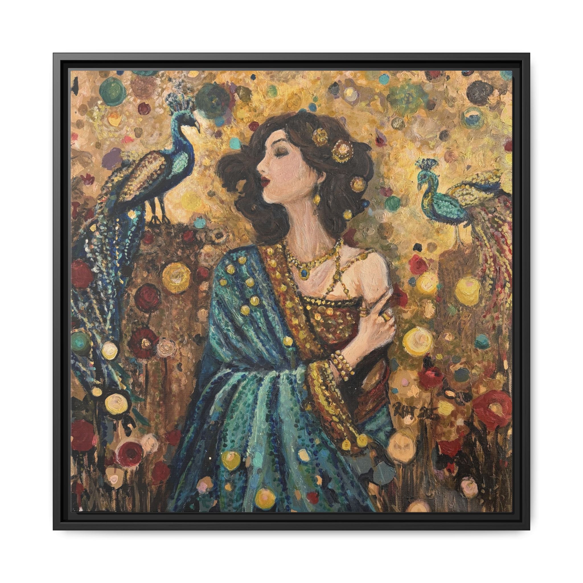 Gilded Peacock Muse Framed Canvas Art Print of Original— Bohemian Floral Decorative Print
