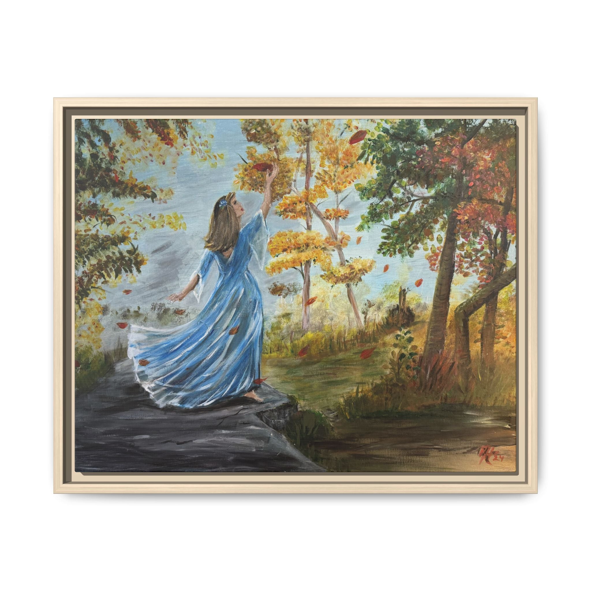 Autumn Breeze Canvas Print — Woman in Blue Dress Framed Wall Art