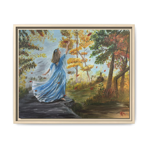 Autumn Breeze Canvas Print — Woman in Blue Dress Framed Wall Art