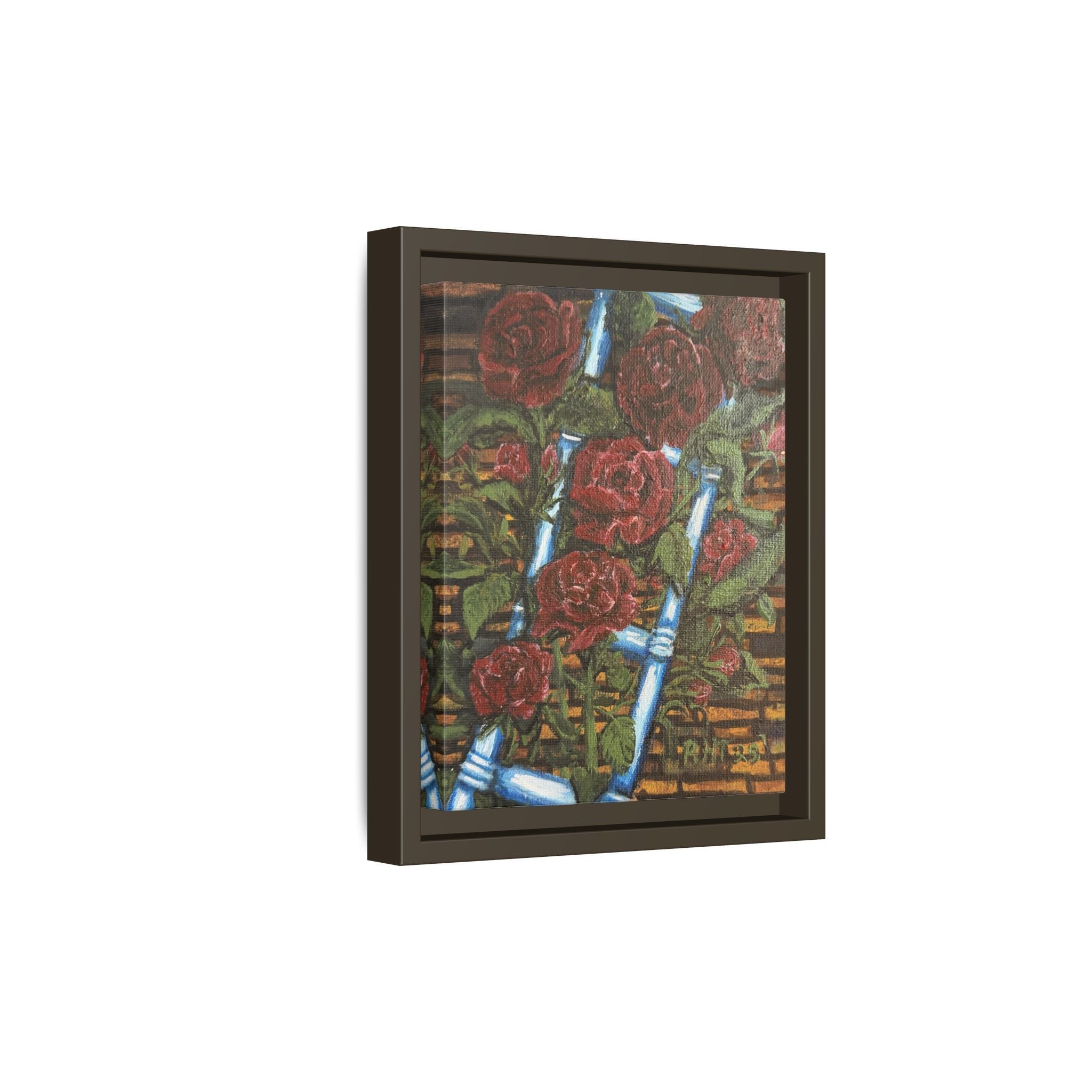 Framed Matte Canvas Art Print of Original Climbing Roses — Red Roses & Blue Ladder Floral Painting