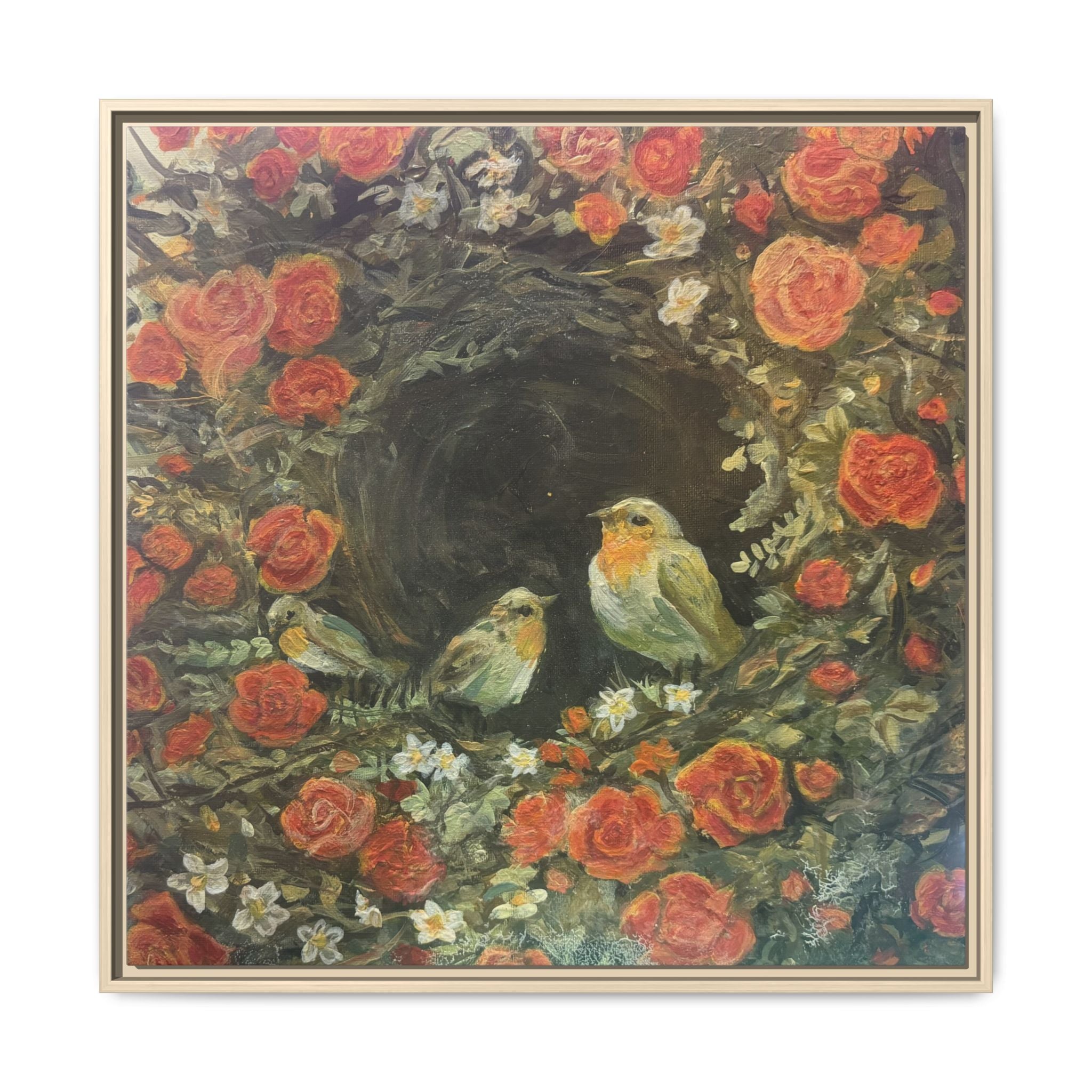 Framed Canvas Art - 'Nest of Roses' Botanical Bird Print