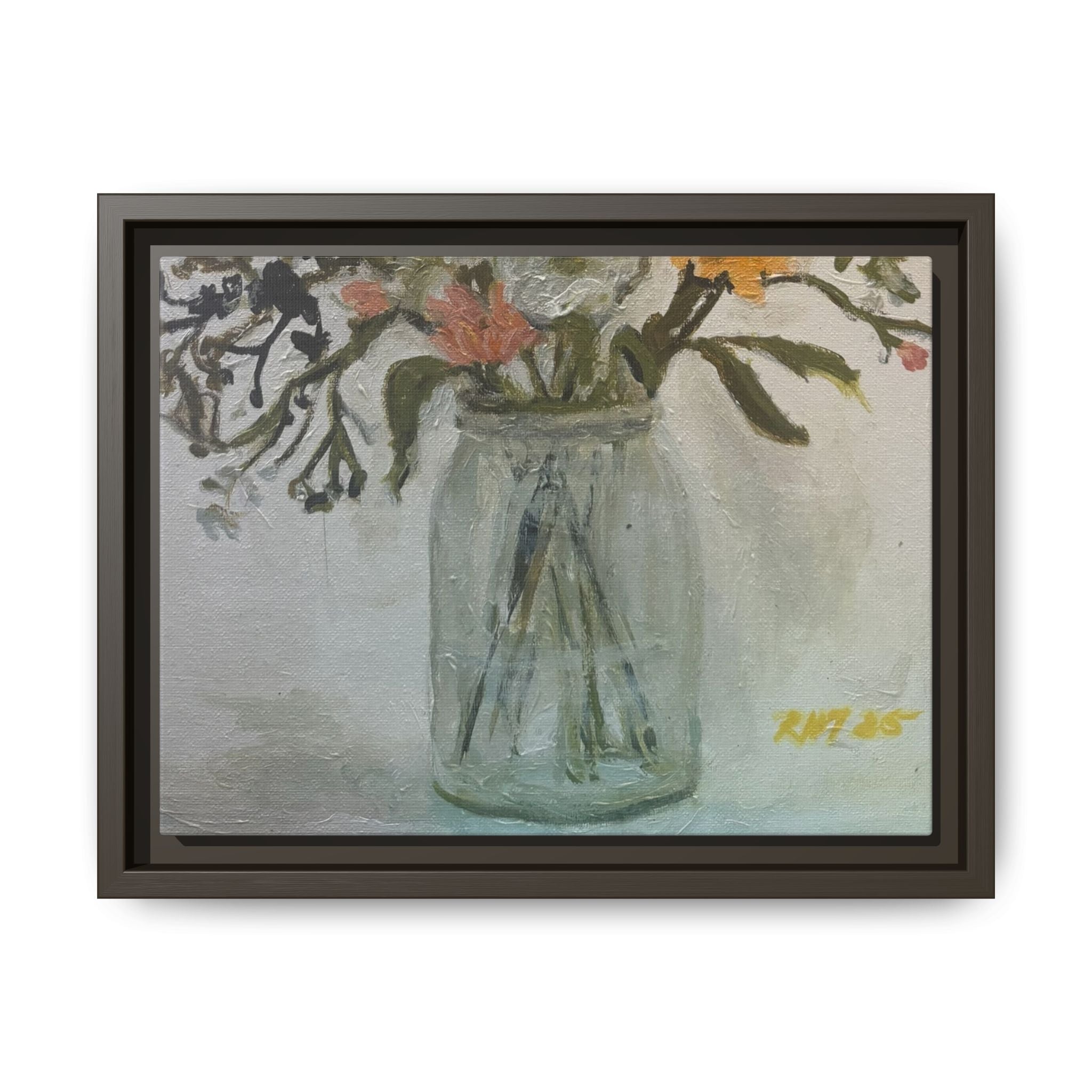 Framed Matte Canvas Art - Flower in Glass Jar Floral Painting Print of Original