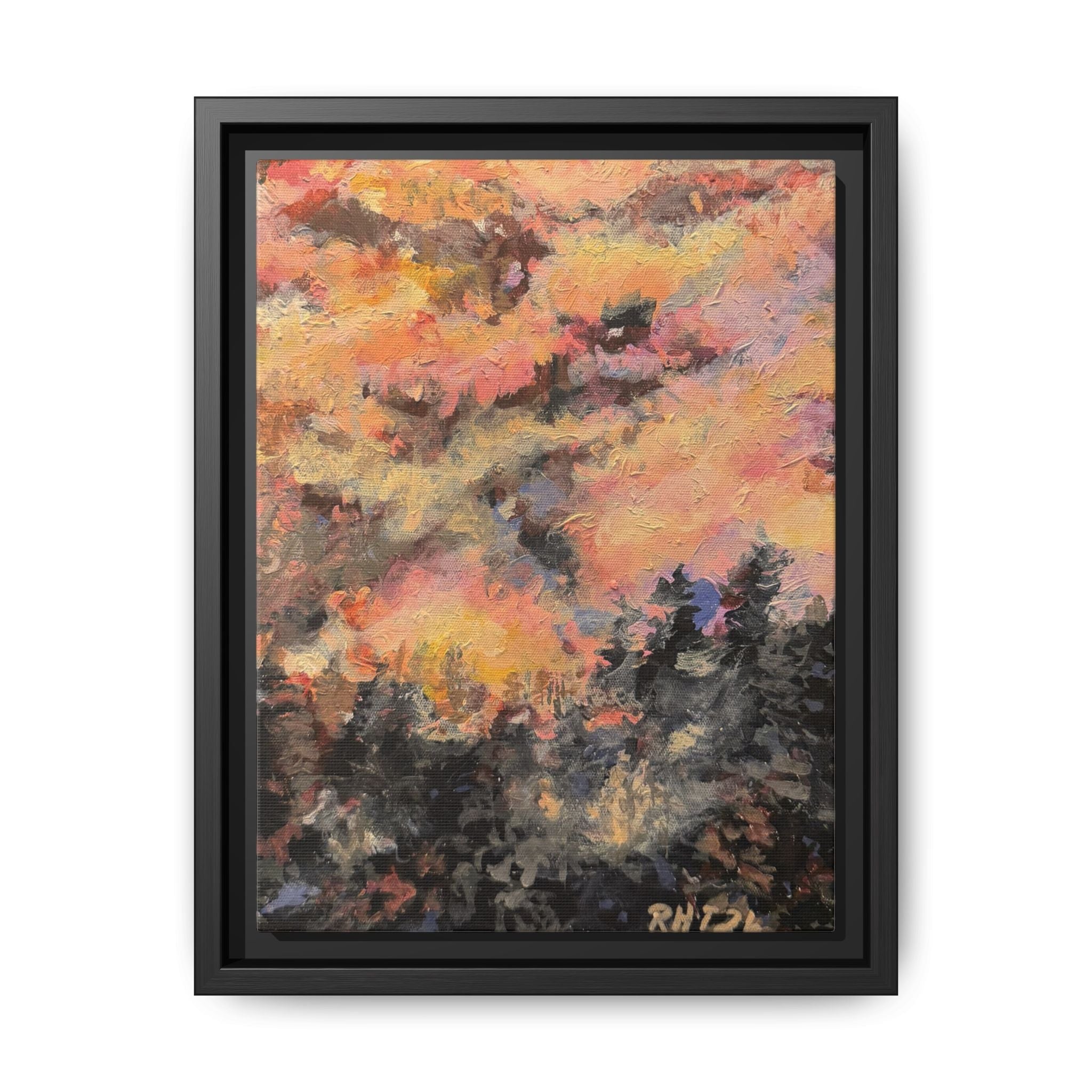 Framed Matte Canvas Art of Original Mistbow Mountain - Moody Sunset Forest Abstract