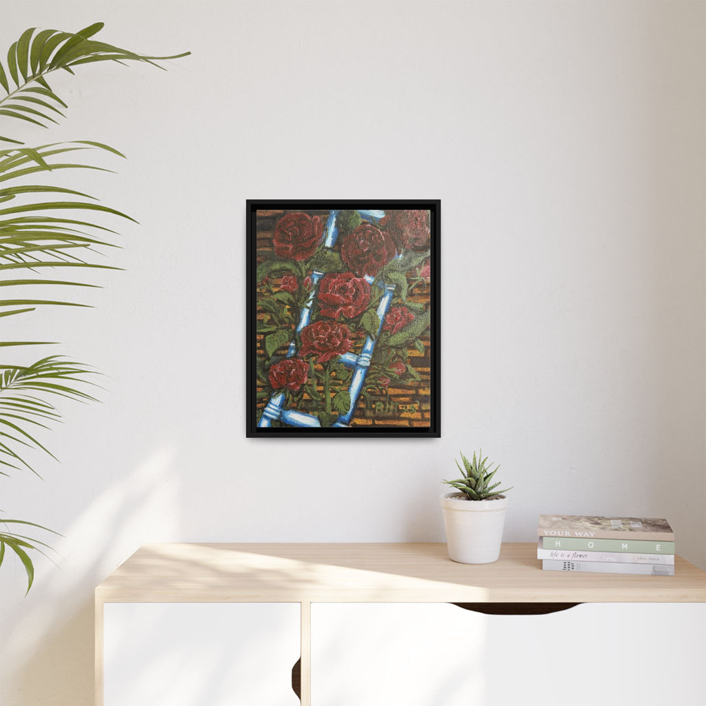 Framed Matte Canvas Art Print of Original Climbing Roses — Red Roses & Blue Ladder Floral Painting