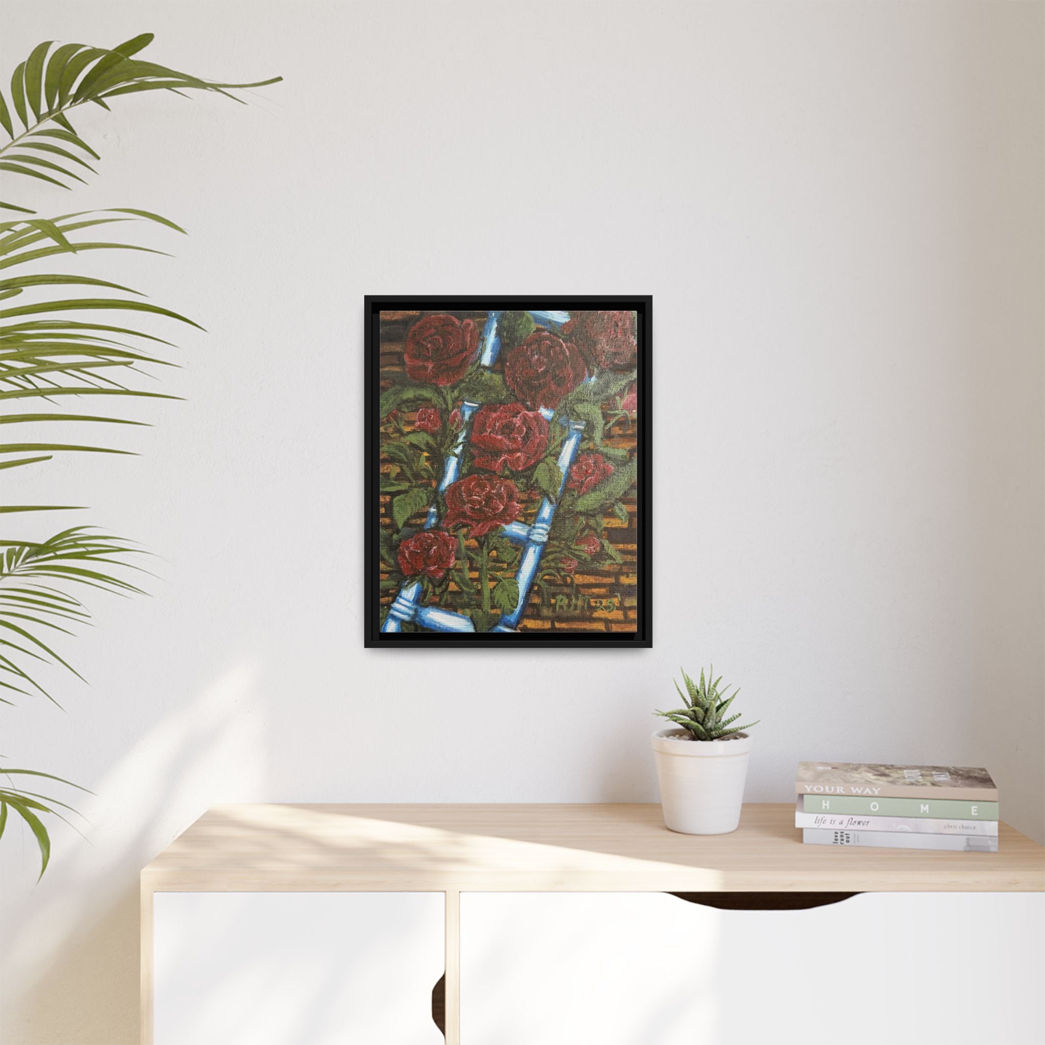 Framed Matte Canvas Art Print of Original Climbing Roses — Red Roses & Blue Ladder Floral Painting