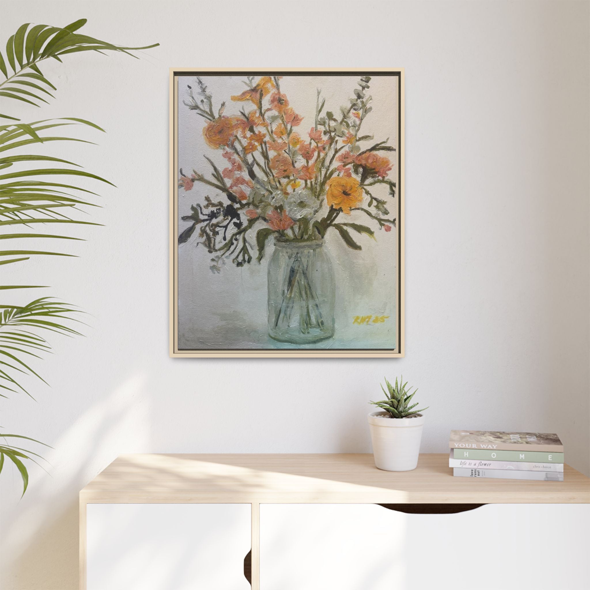 Framed Matte Canvas Art - Flower in Glass Jar Floral Painting Print of Original