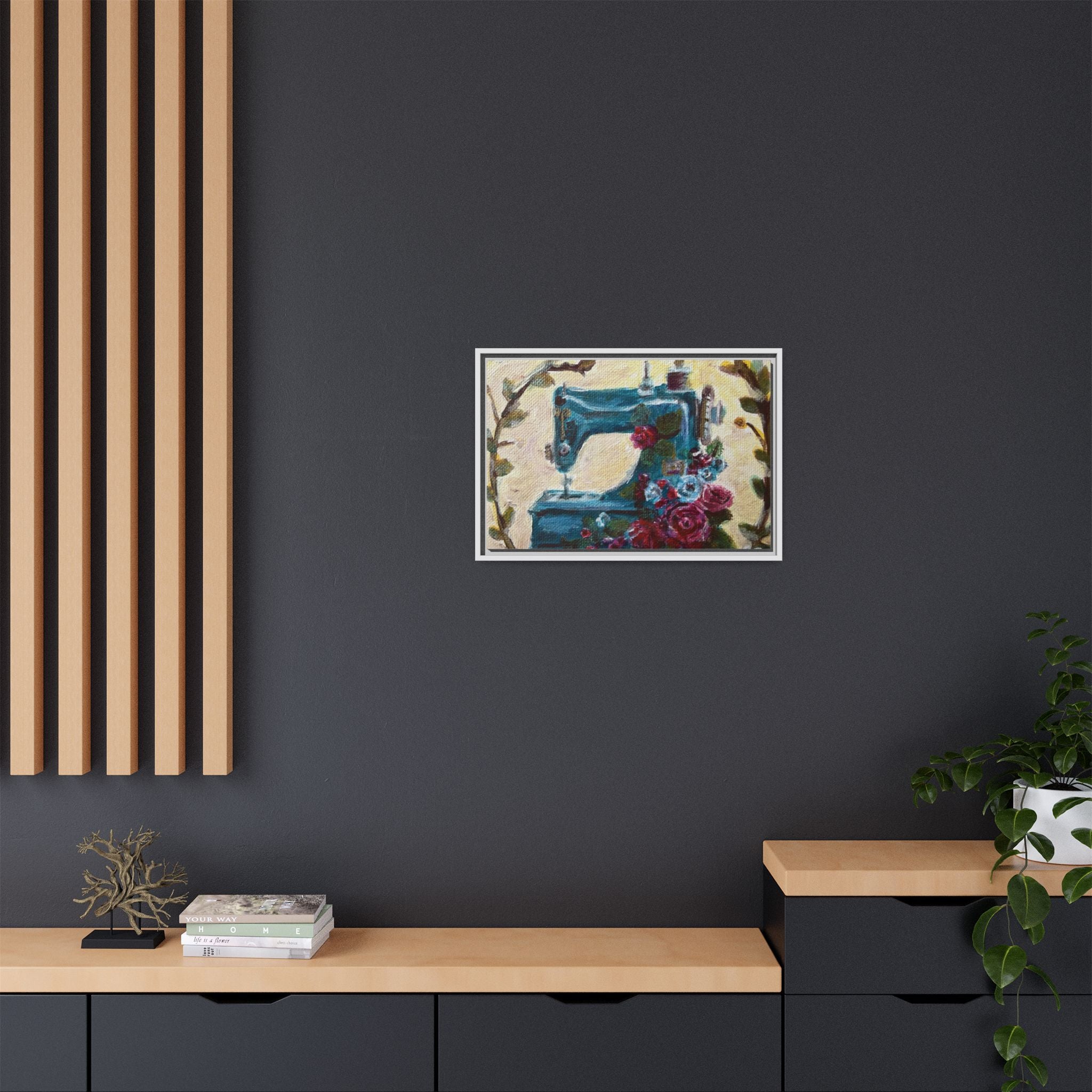 Framed Canvas Wall Art — Vintage Sewing Machine with Roses - Framed Print of the Original Grandma's Sewing Machine