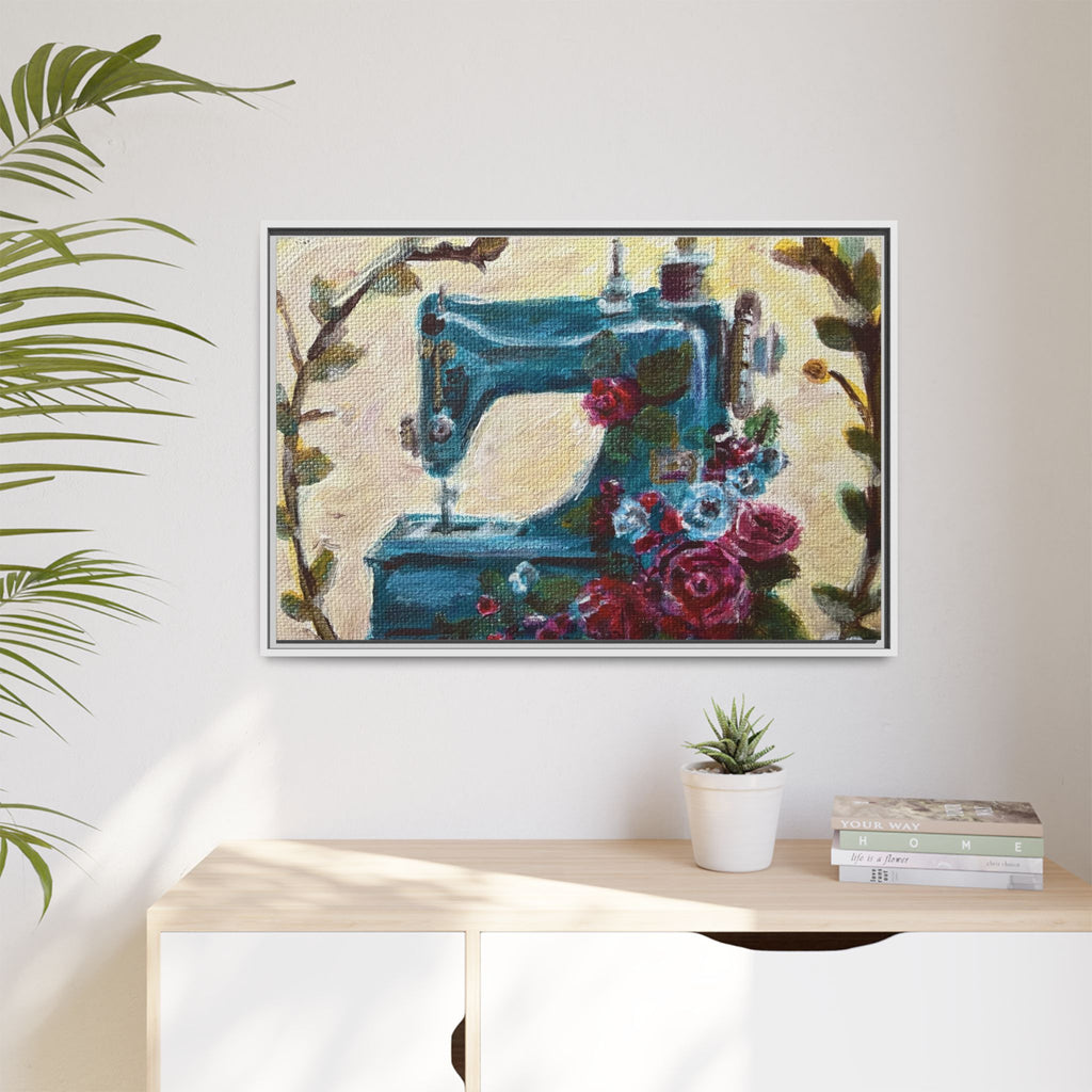 Framed Canvas Wall Art — Vintage Sewing Machine with Roses - Framed Print of the Original Grandma's Sewing Machine