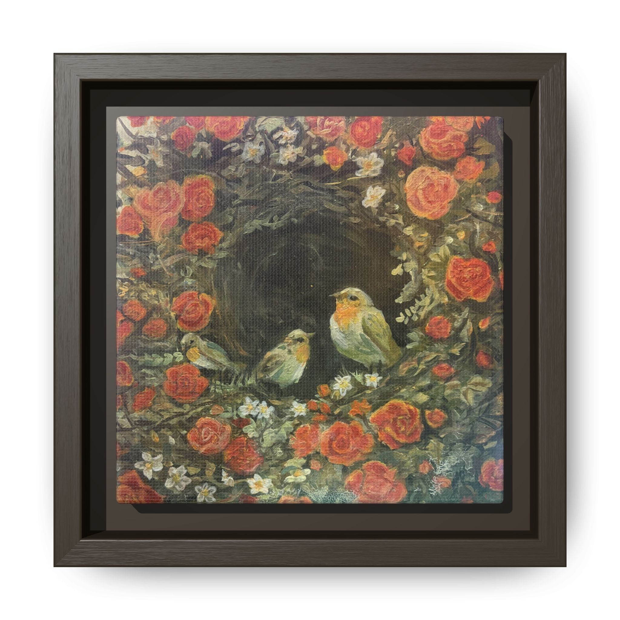 Framed Canvas Art - 'Nest of Roses' Botanical Bird Print