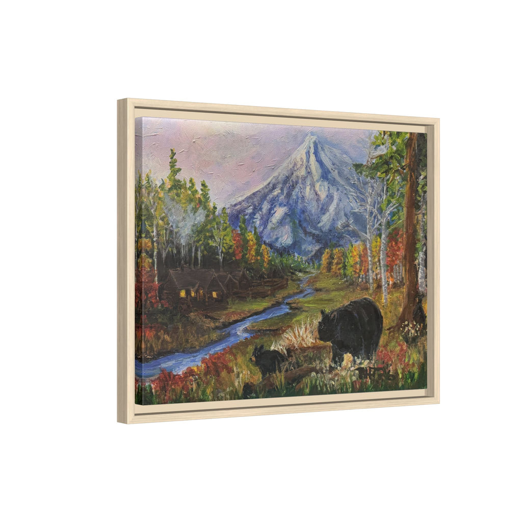 Framed Matte Canvas - Three Bear Stroll  - Mountain Stream with Bears Landscape Wall Art