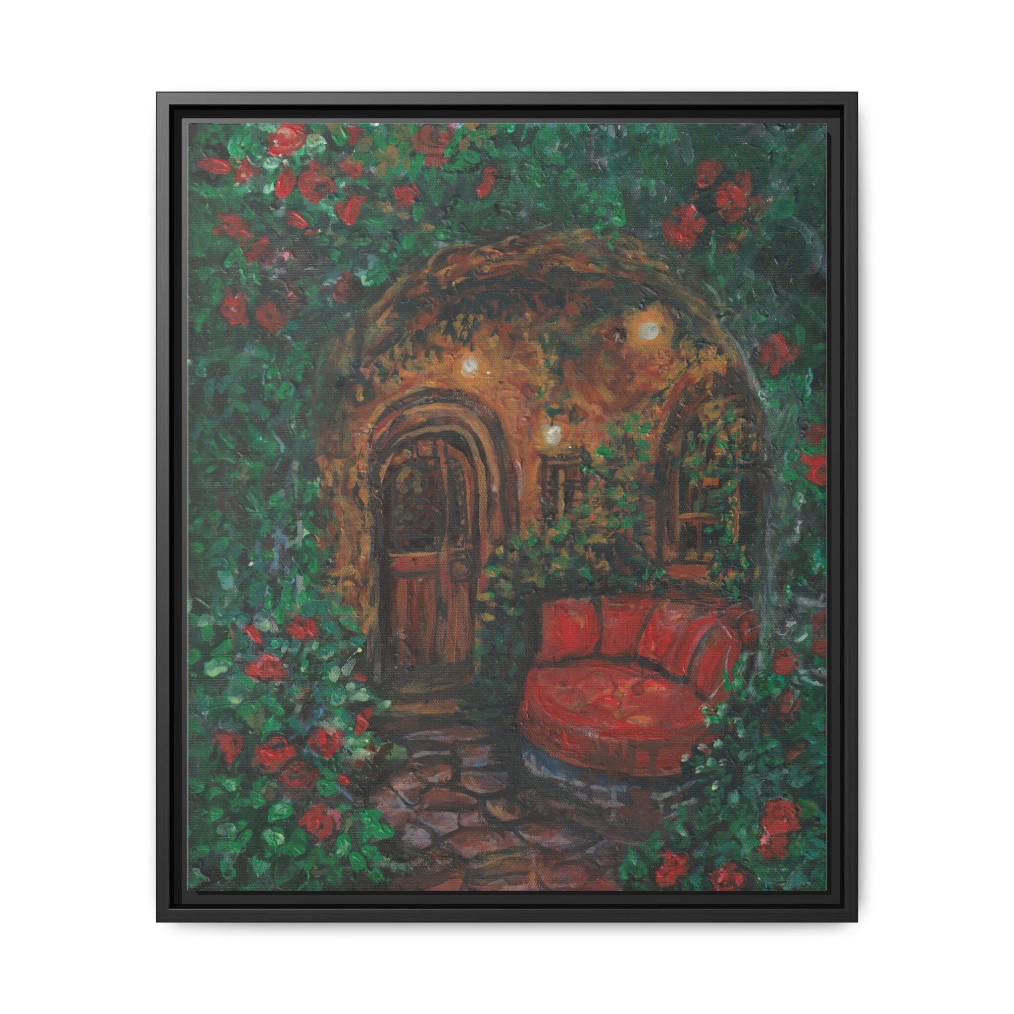 Framed Matte Canvas Art – Cozy Garden Doorway with Red Chair Print of Original Hidden Doorway