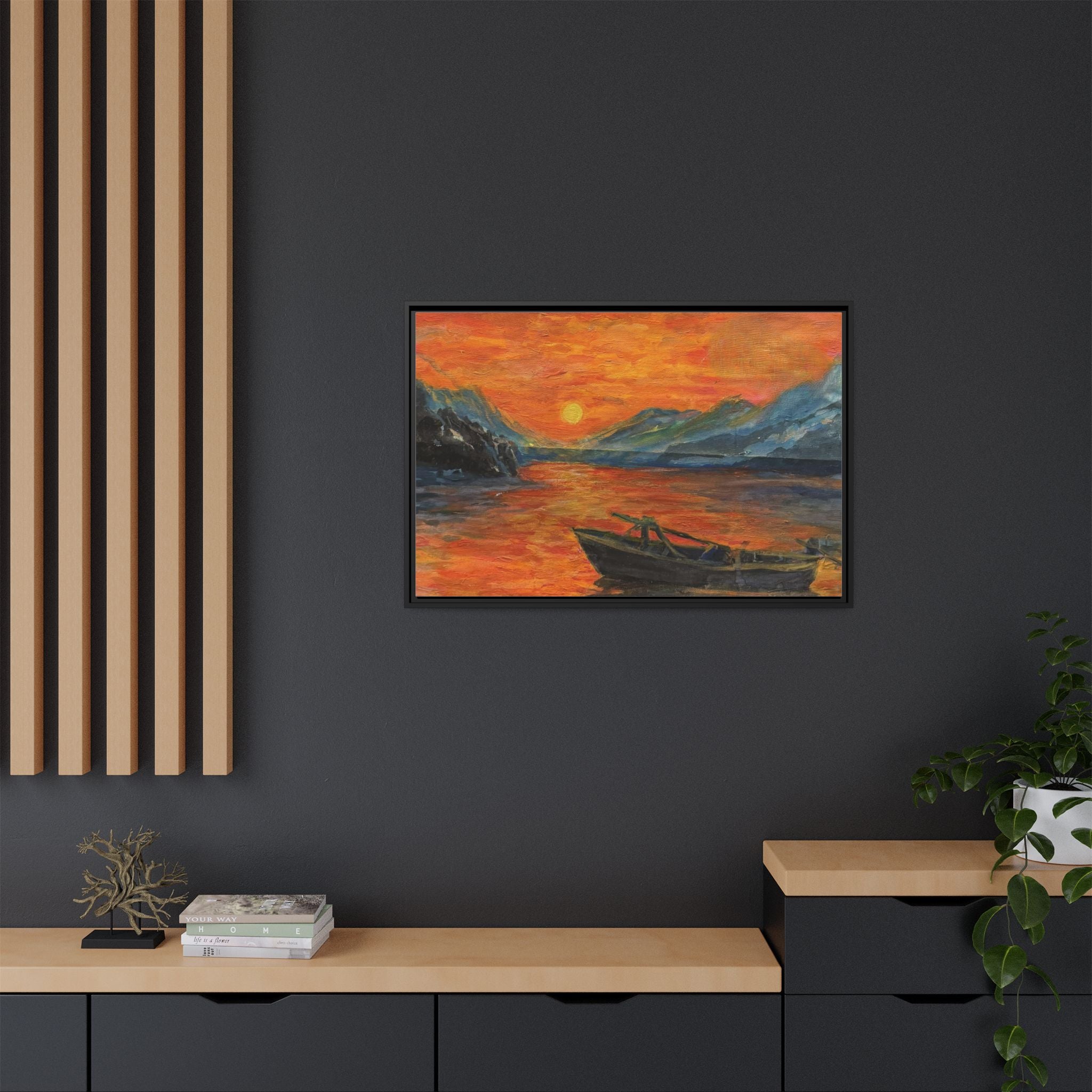 Boat on Sunset Lake Framed Canvas Print of Original — Orange Mountain Lake Wall Art