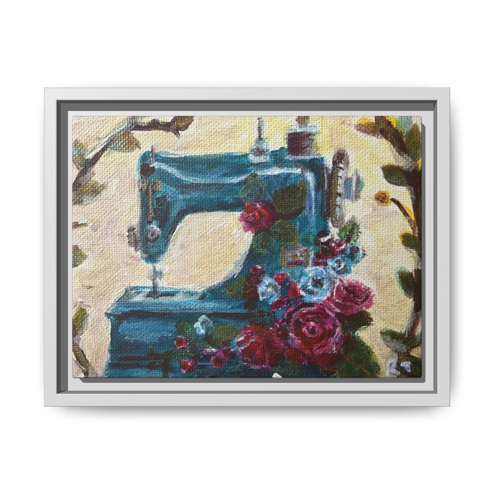 Framed Canvas Wall Art — Vintage Sewing Machine with Roses - Framed Print of the Original Grandma's Sewing Machine