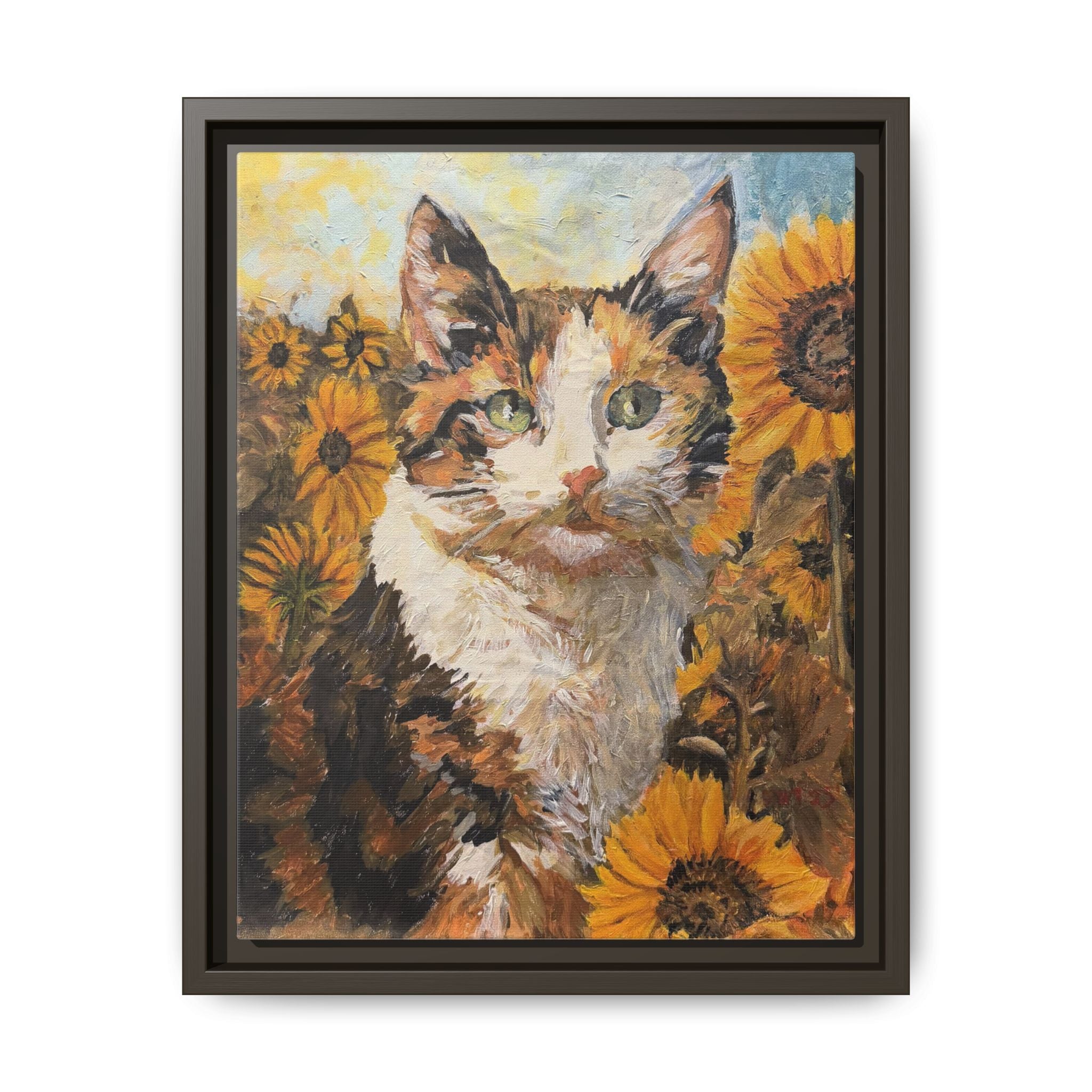 Dixie Cat in Sunflowers — Framed Matte Canvas Wall Art - Print of Original