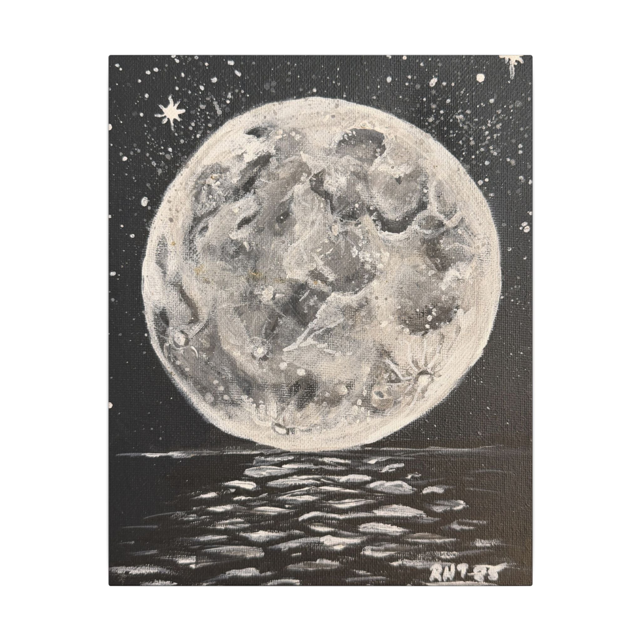 Moonlit Sea Canvas Art Print of Original Night Moon— Black & White Lunar Wall Decor