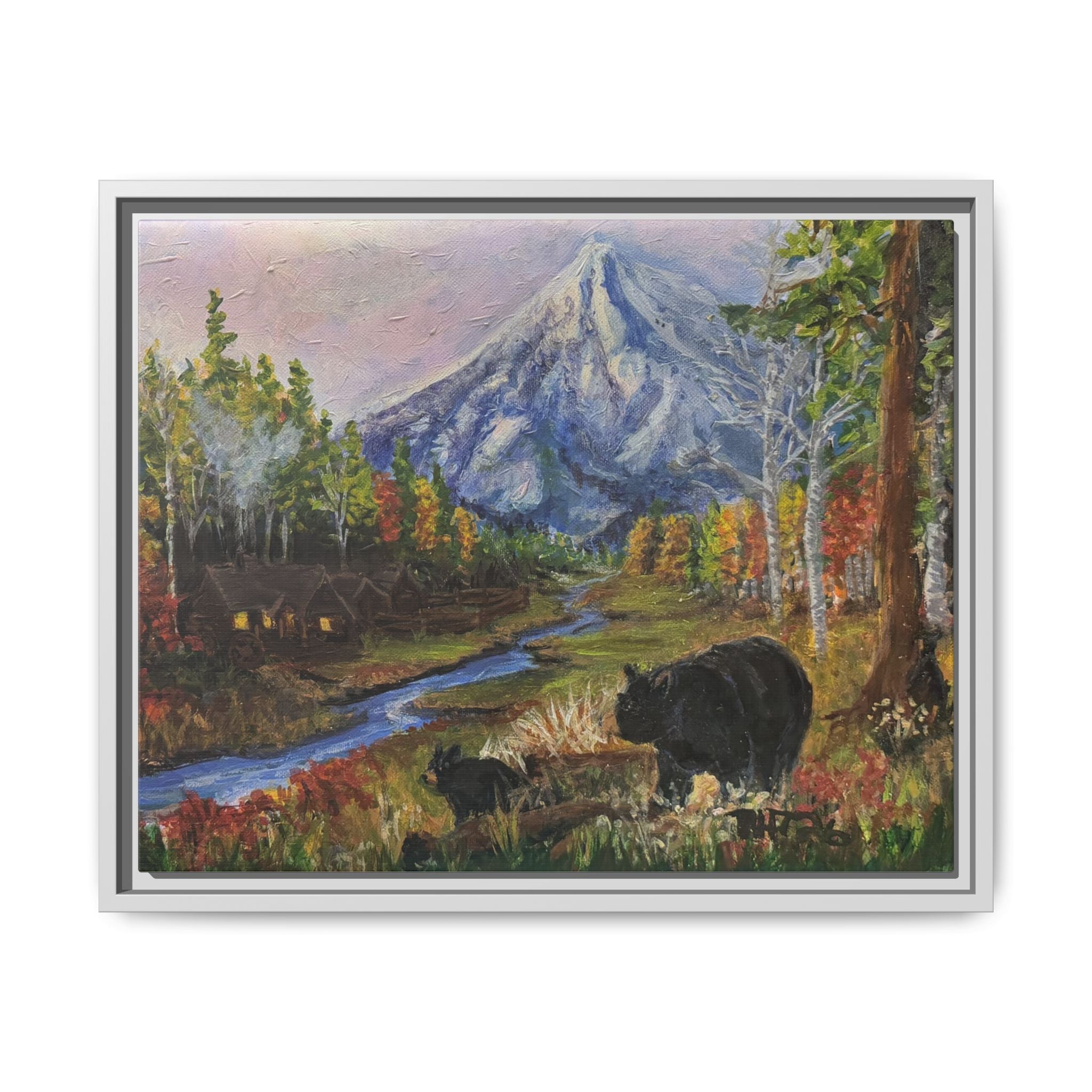 Framed Matte Canvas - Three Bear Stroll  - Mountain Stream with Bears Landscape Wall Art