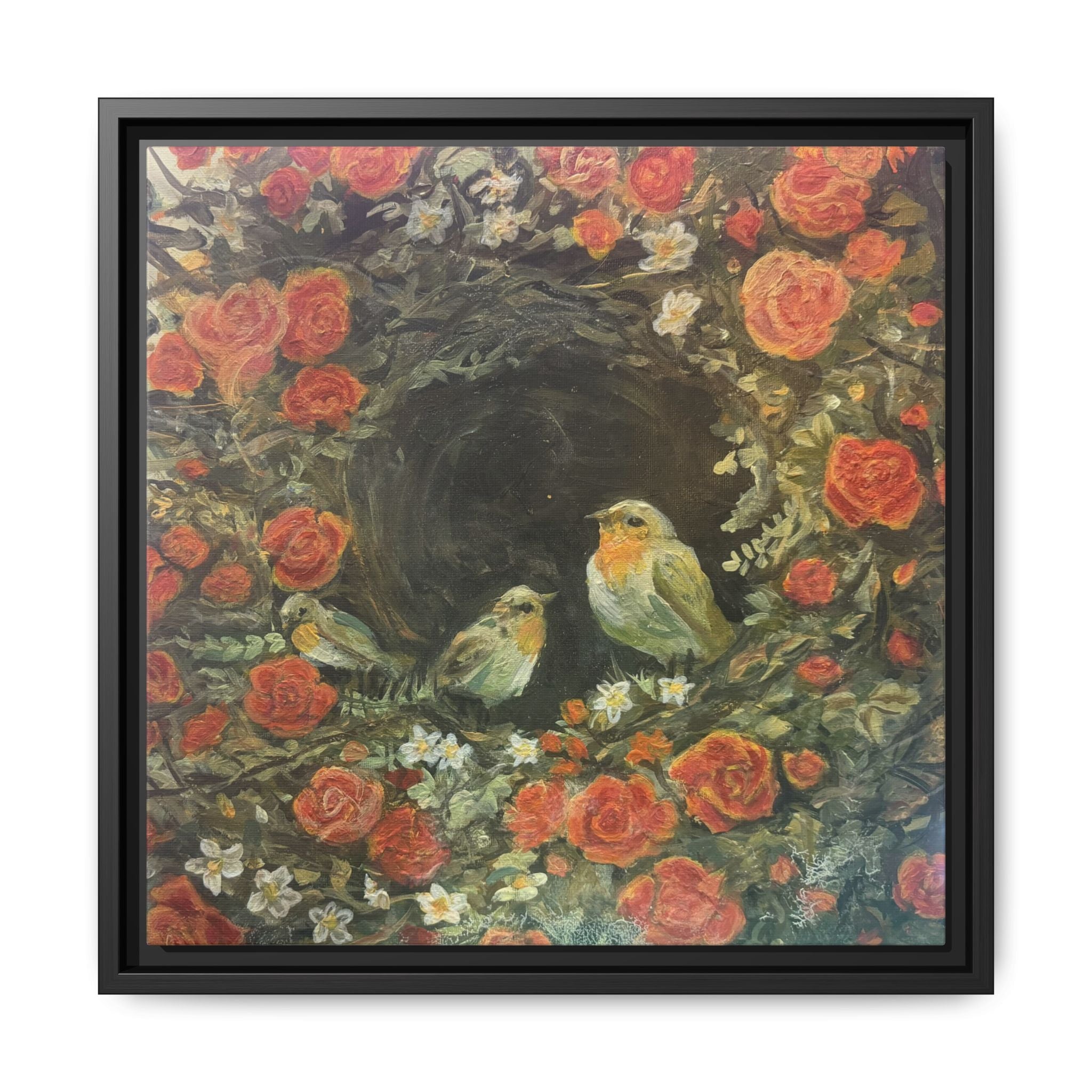 Framed Canvas Art - 'Nest of Roses' Botanical Bird Print