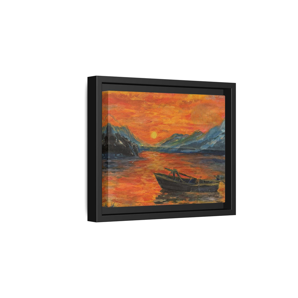 Boat on Sunset Lake Framed Canvas Print of Original — Orange Mountain Lake Wall Art