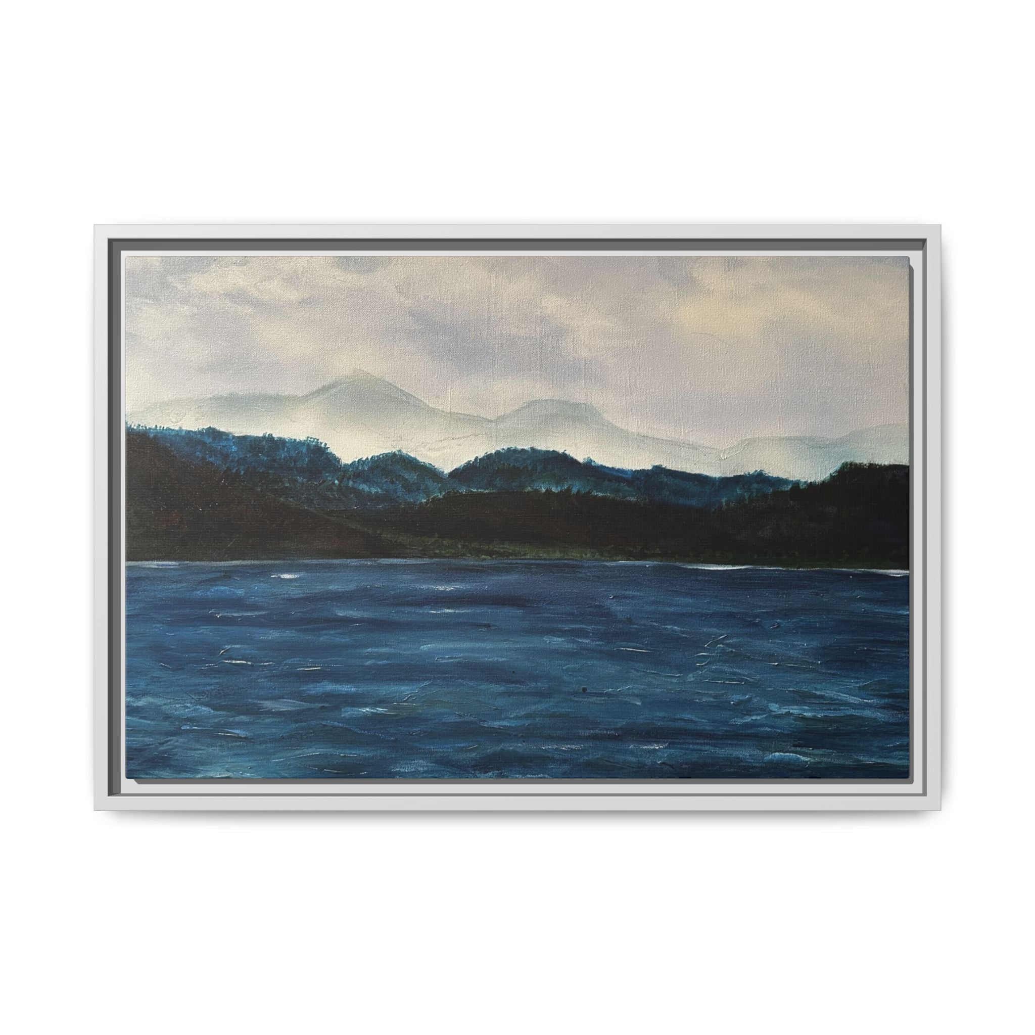 Framed Canvas Print of Original Misty Mountain – Moody Blue Wall Art