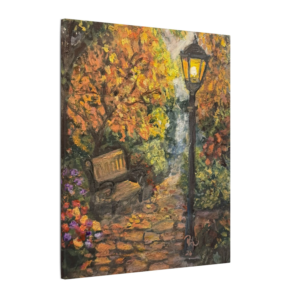 Autumn Evening in the Park Canvas Print of Original— Lantern & Bench Fall Wall Decor