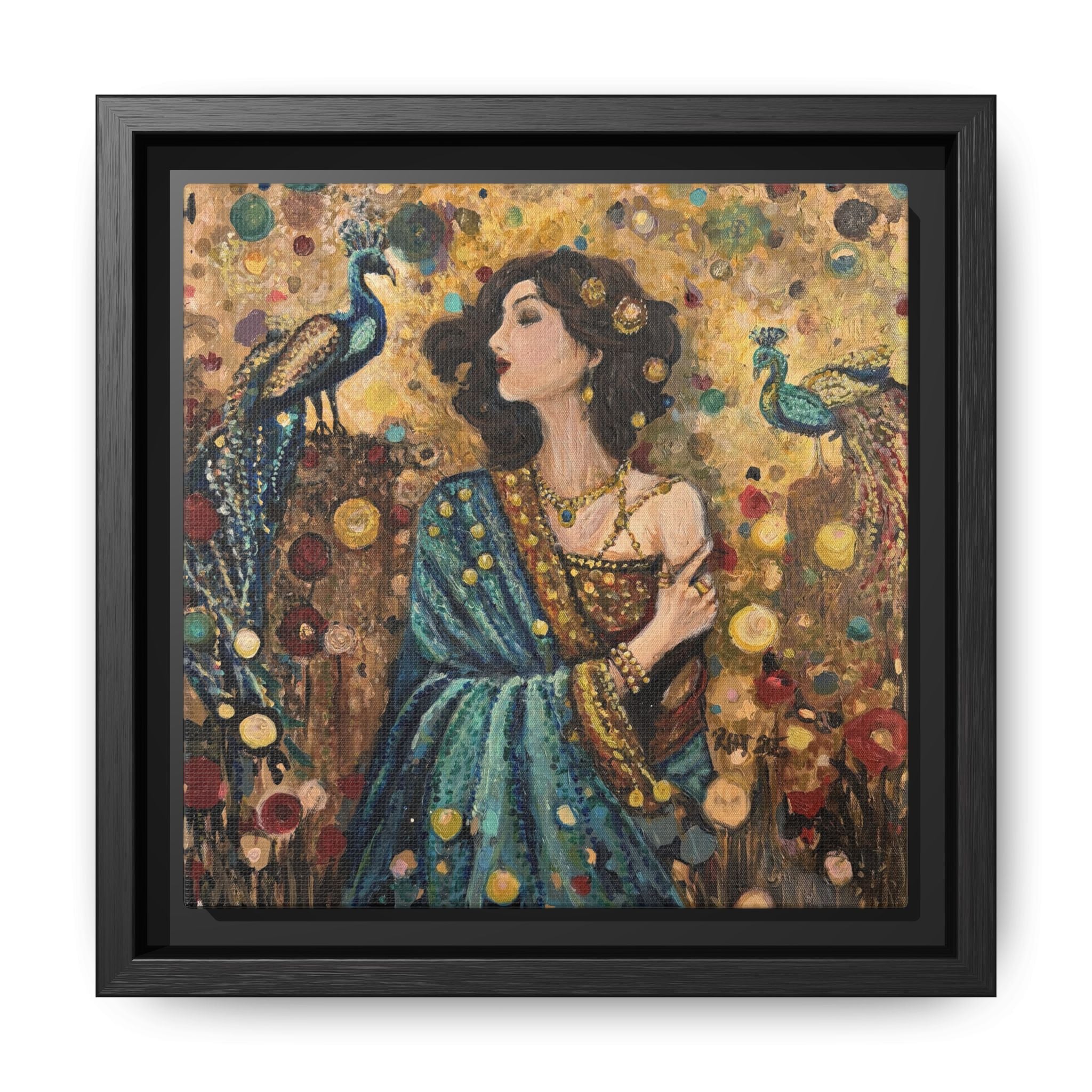 Gilded Peacock Muse Framed Canvas Art Print of Original— Bohemian Floral Decorative Print