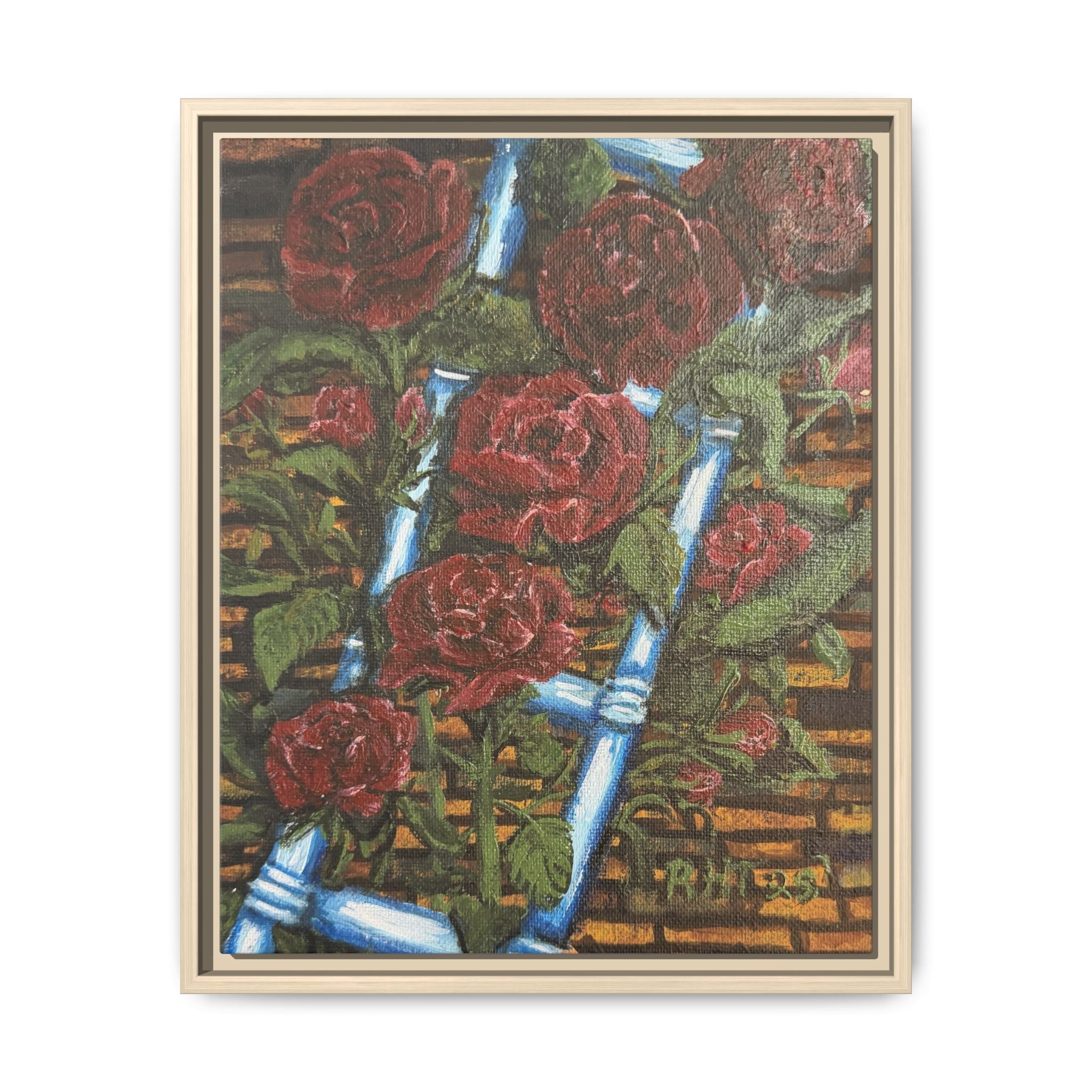 Framed Matte Canvas Art Print of Original Climbing Roses — Red Roses & Blue Ladder Floral Painting