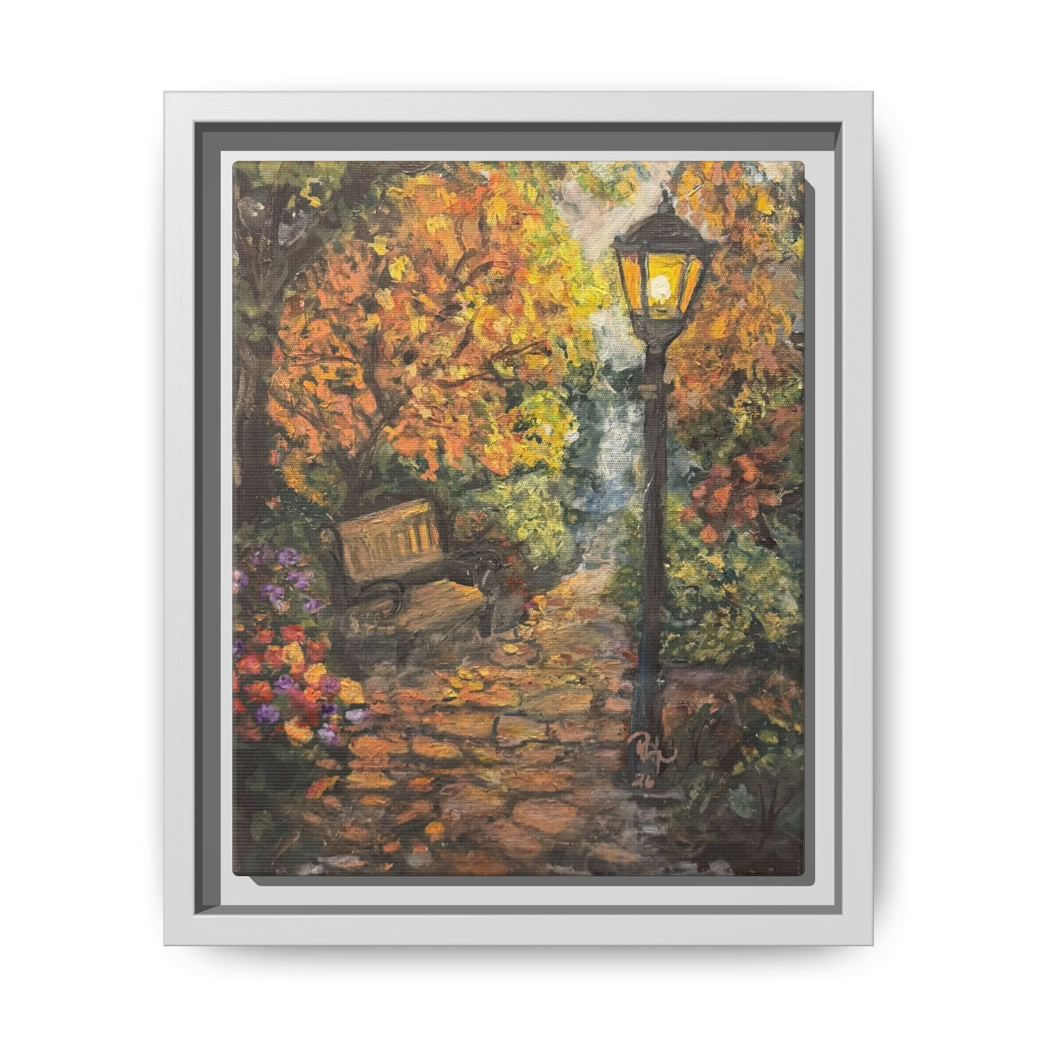 Framed Matte Canvas Art — Autumn Park Bench with Lamp Post (Cozy Fall Wall Decor)