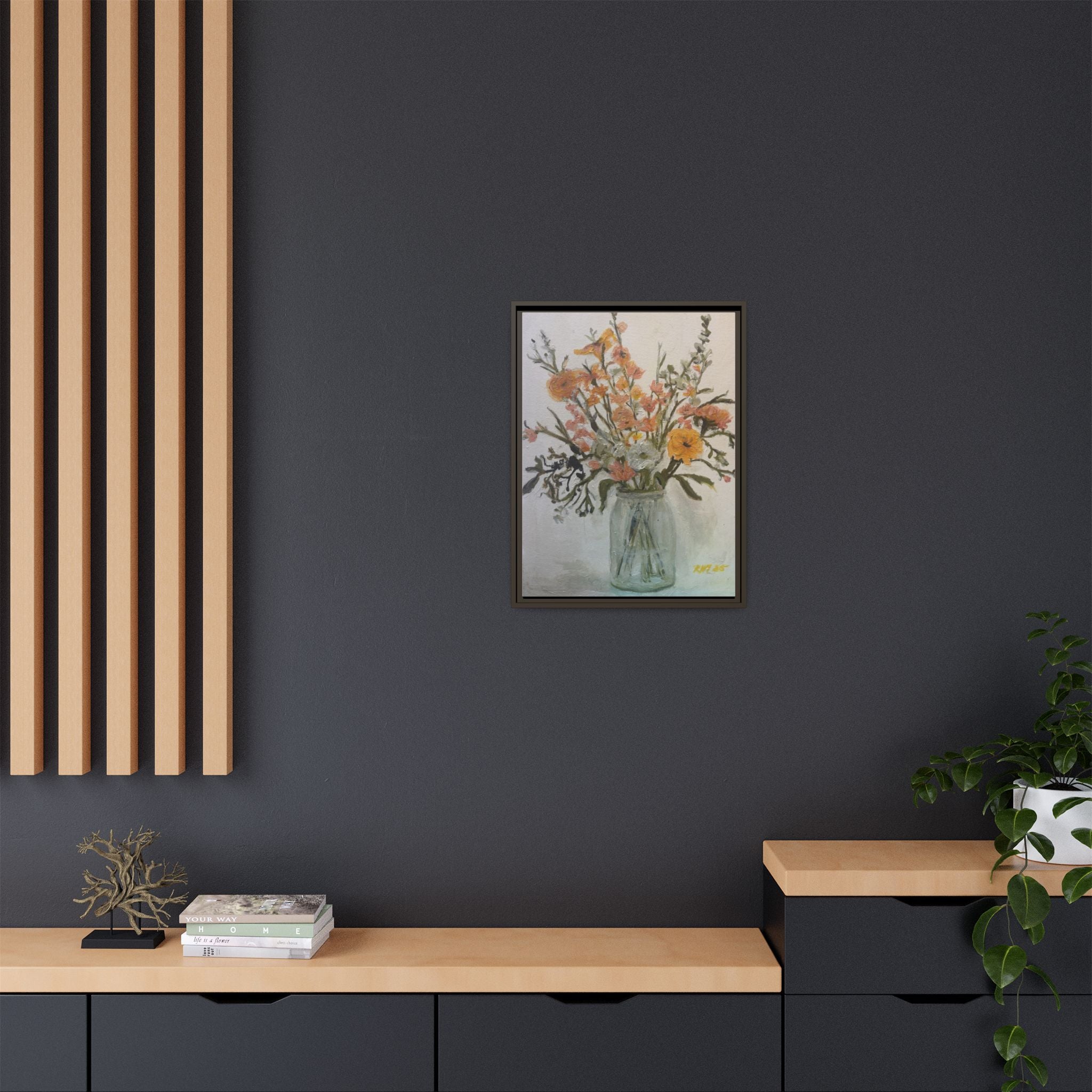 Framed Matte Canvas Art - Flower in Glass Jar Floral Painting Print of Original