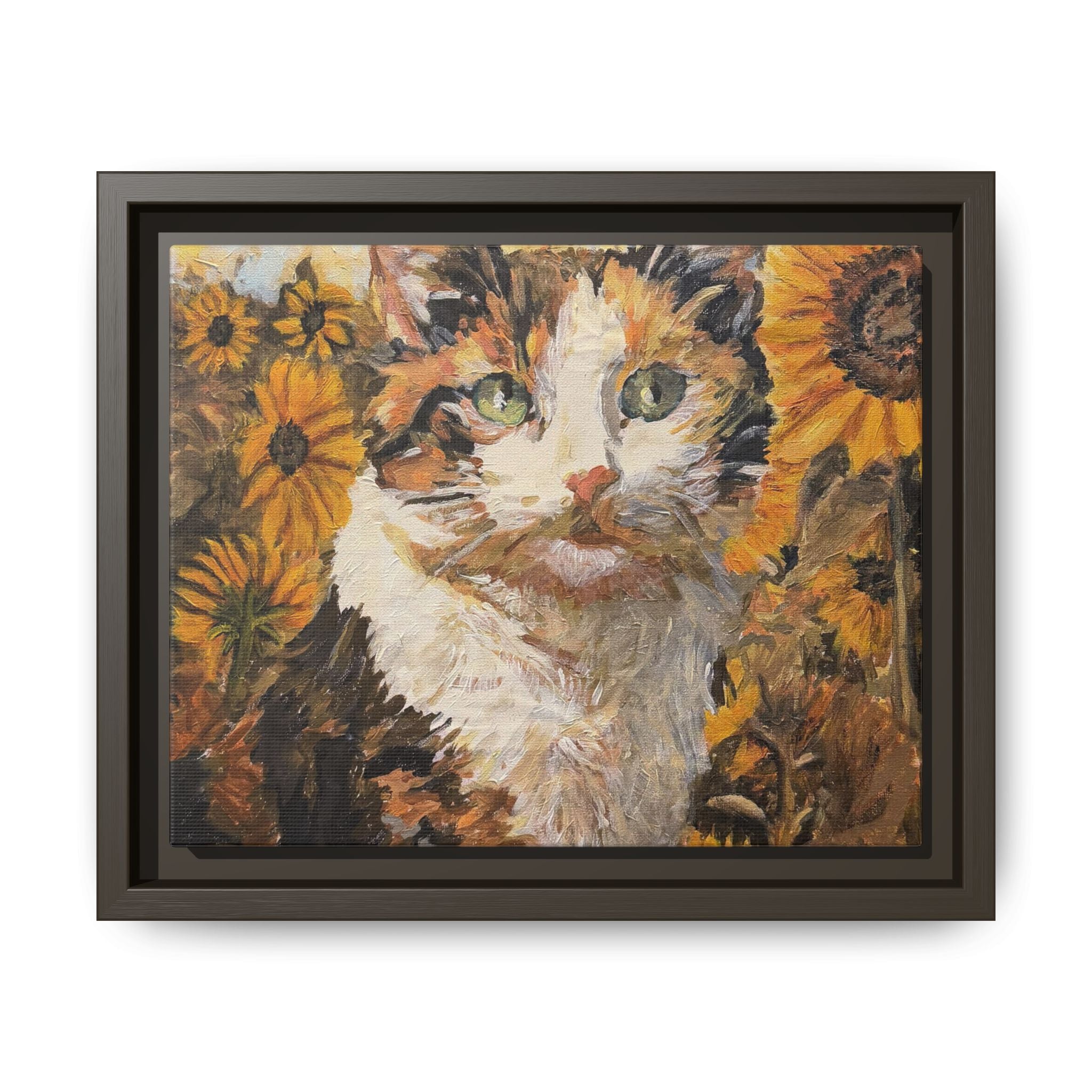 Dixie Cat in Sunflowers — Framed Matte Canvas Wall Art - Print of Original