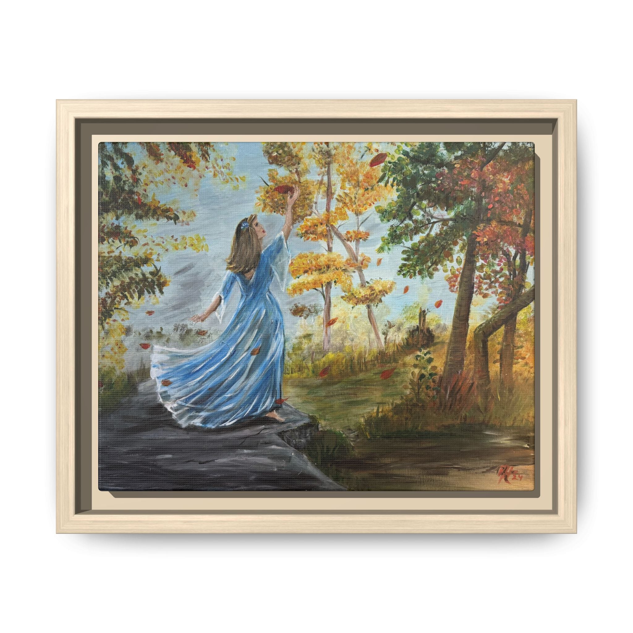 Autumn Breeze Canvas Print — Woman in Blue Dress Framed Wall Art